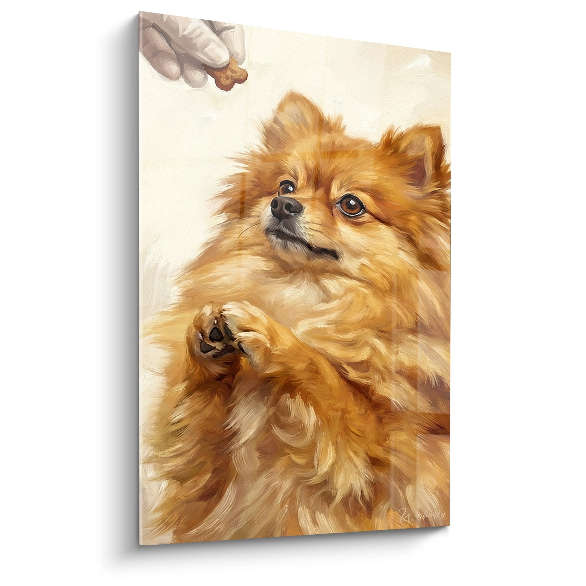 Tableau Spitz Poméranien roux recevant friandise, pelage doré, scène attendrissante art animalier réaliste