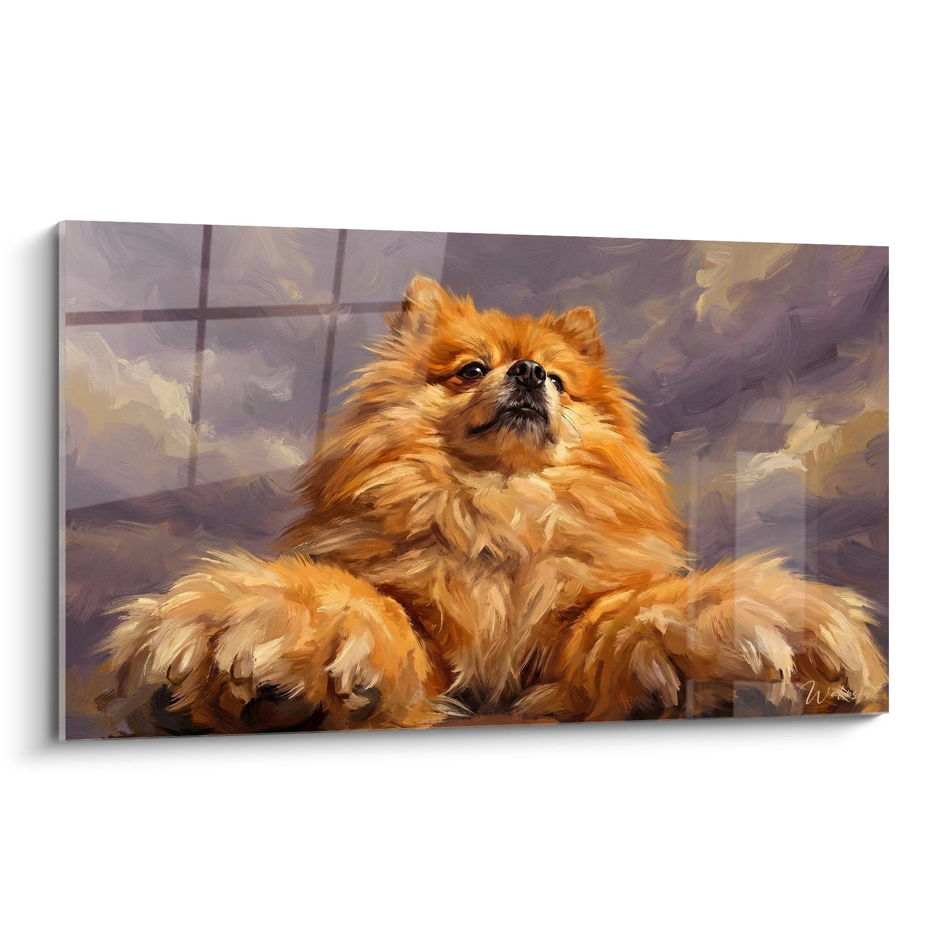 Tableau portrait Spitz Pomeranien roux pelage dore regard leve contemplation fond violet lilas fenetre