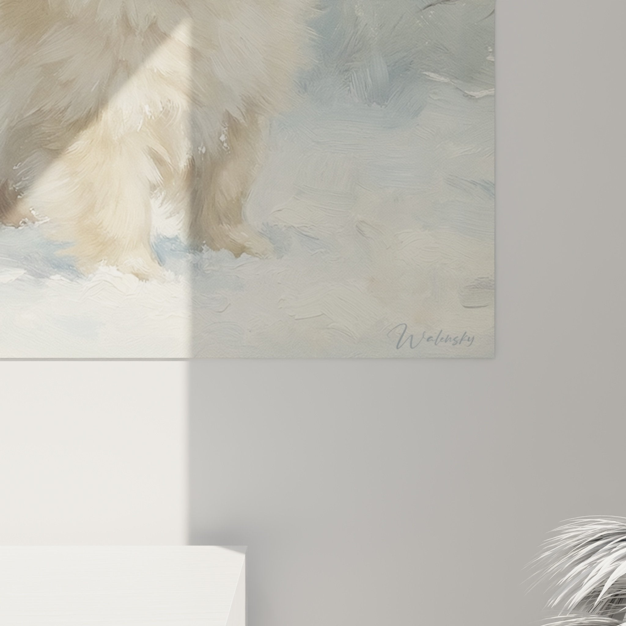 Vue ensemble tableau Spitz Poméranien hiver salon décoration murale chiot langue rose ambiance douce