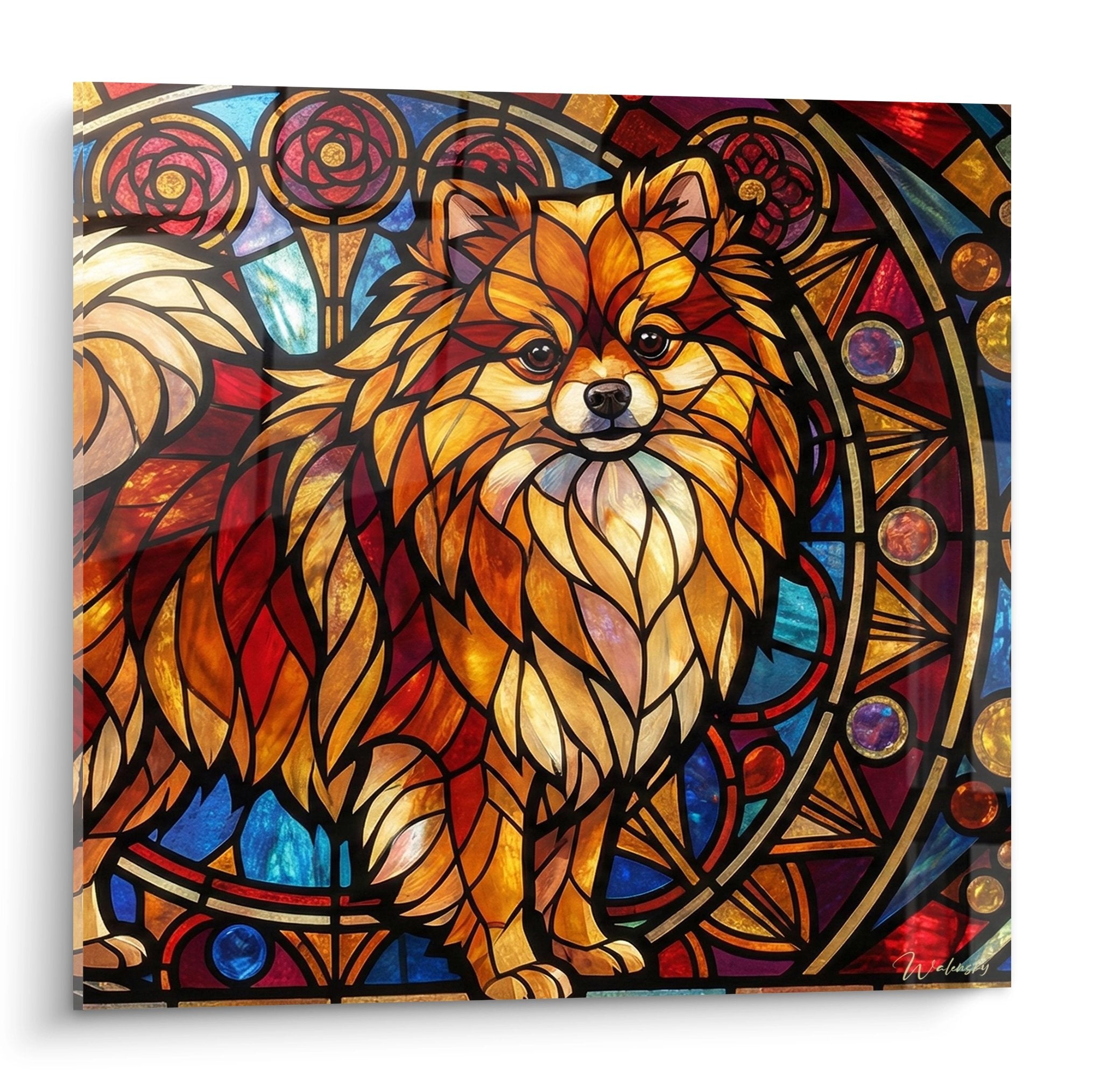 Tableau spitz pomeraniennes dore style vitrail colore motifs geometriques rosaces bleues rouges