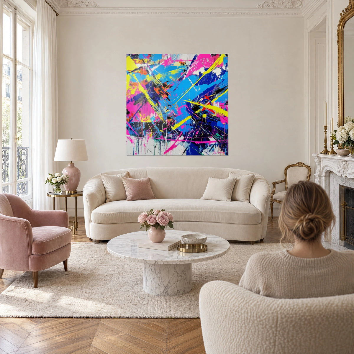 Cuadro explosión abstracta en azul eléctrico y rosa fluorescente, amarillo limón en trazos, encima de un sofá en un salón luminoso