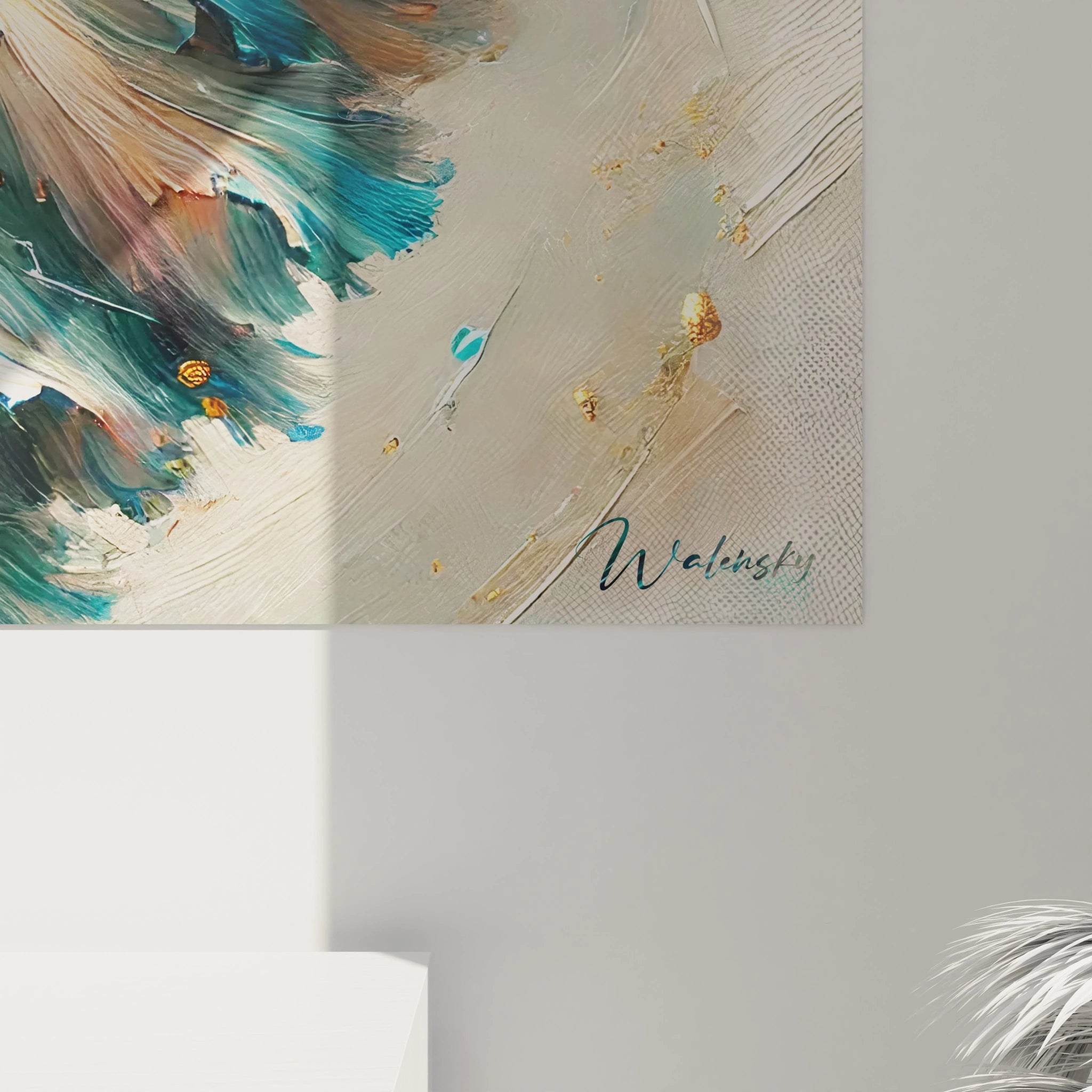 Gros plan du tableau poisson betta, révélant la finesse des détails et la richesse des couleurs. Chaque nageoire semble bouger avec fluidité, rendant l'œuvre vivante et expressive.