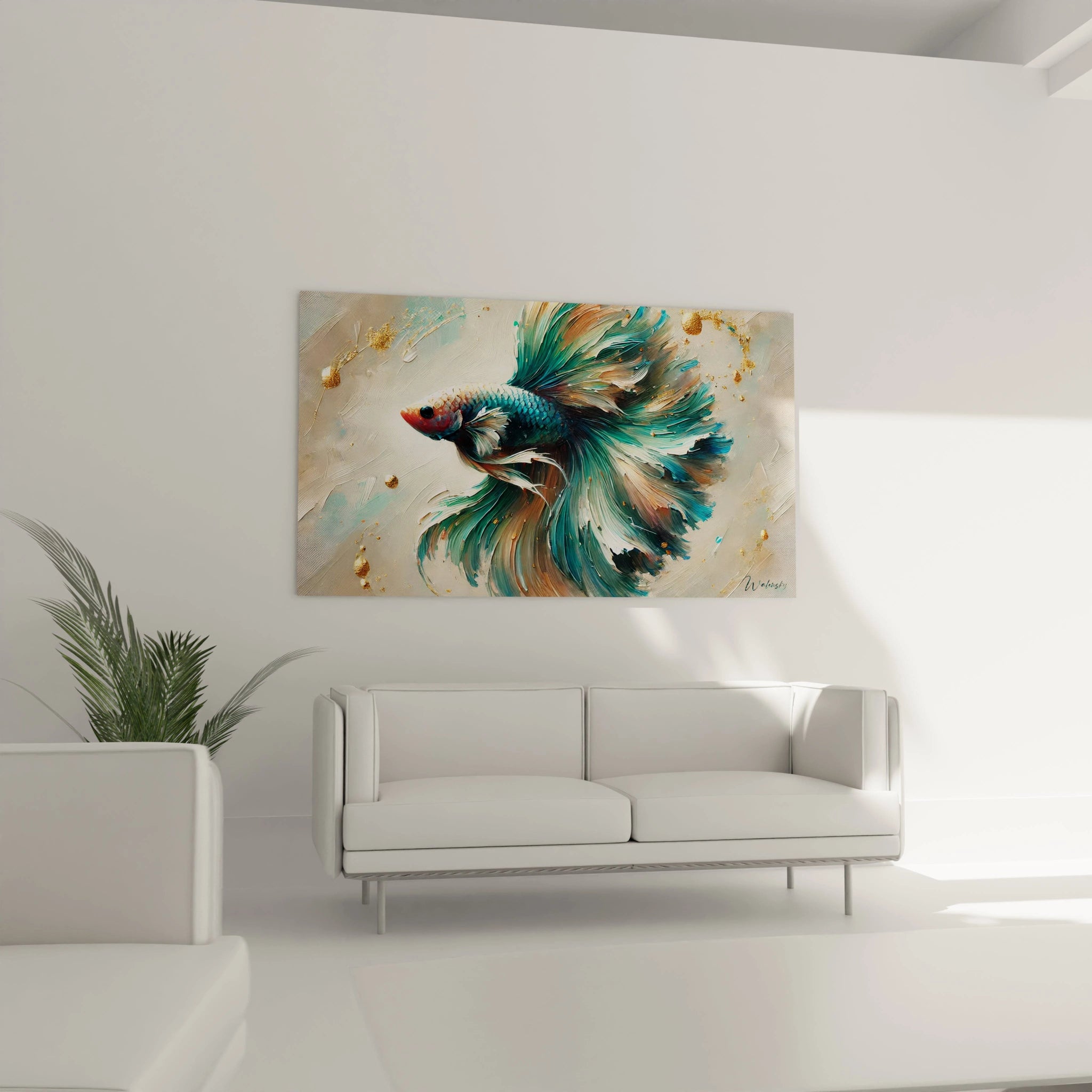 Tableau poisson betta accroché dans un salon. Parfait pour créer une ambiance dynamique et artistique au-dessus du canapé. L'œuvre illumine la pièce grâce à ses nuances de bleu, vert et éclats d'or.