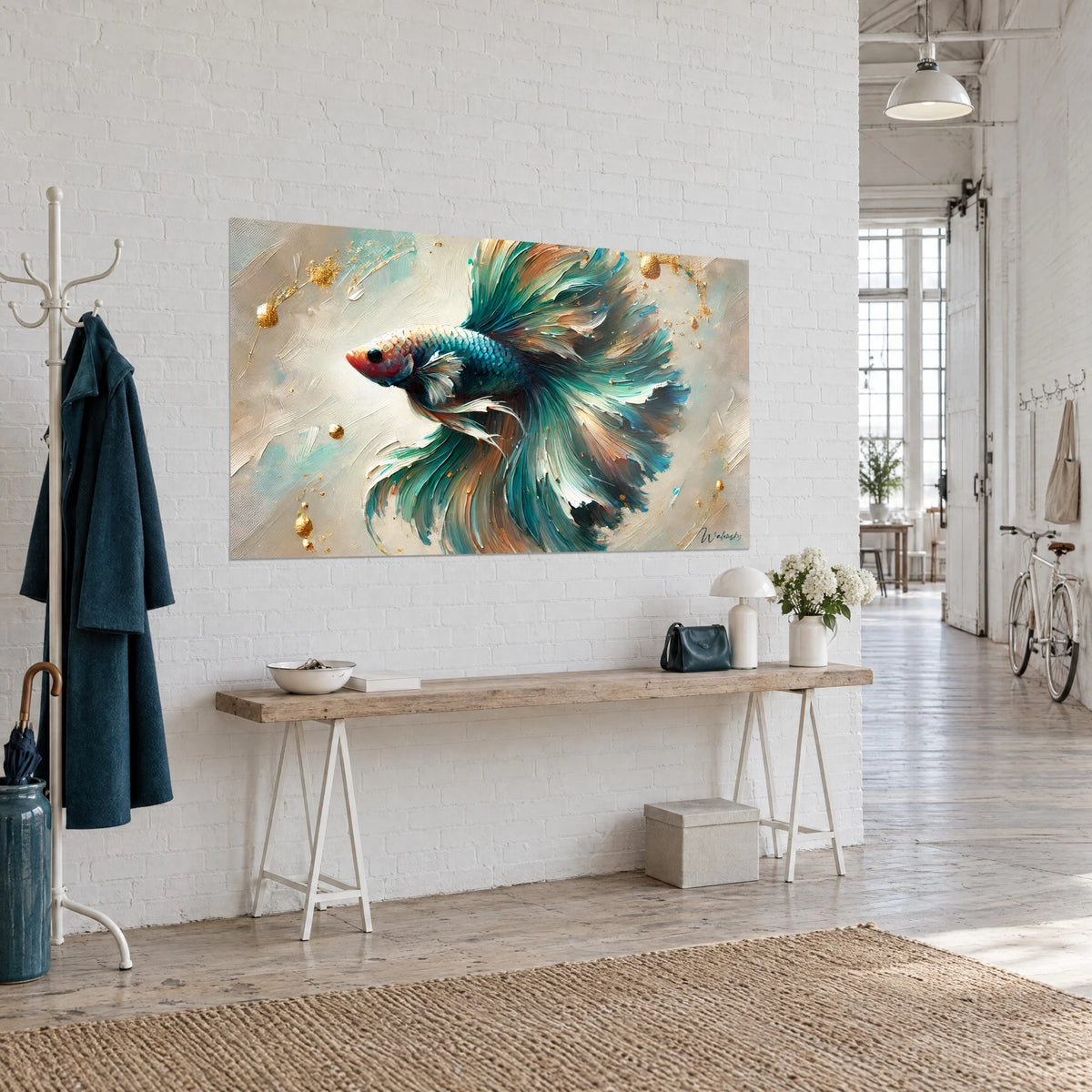 Cuadro de betta con aletas ondulantes verde esmeralda y ocre, cabeza rojo coral, colgado en pared blanca, vista de tres cuartos del loft
