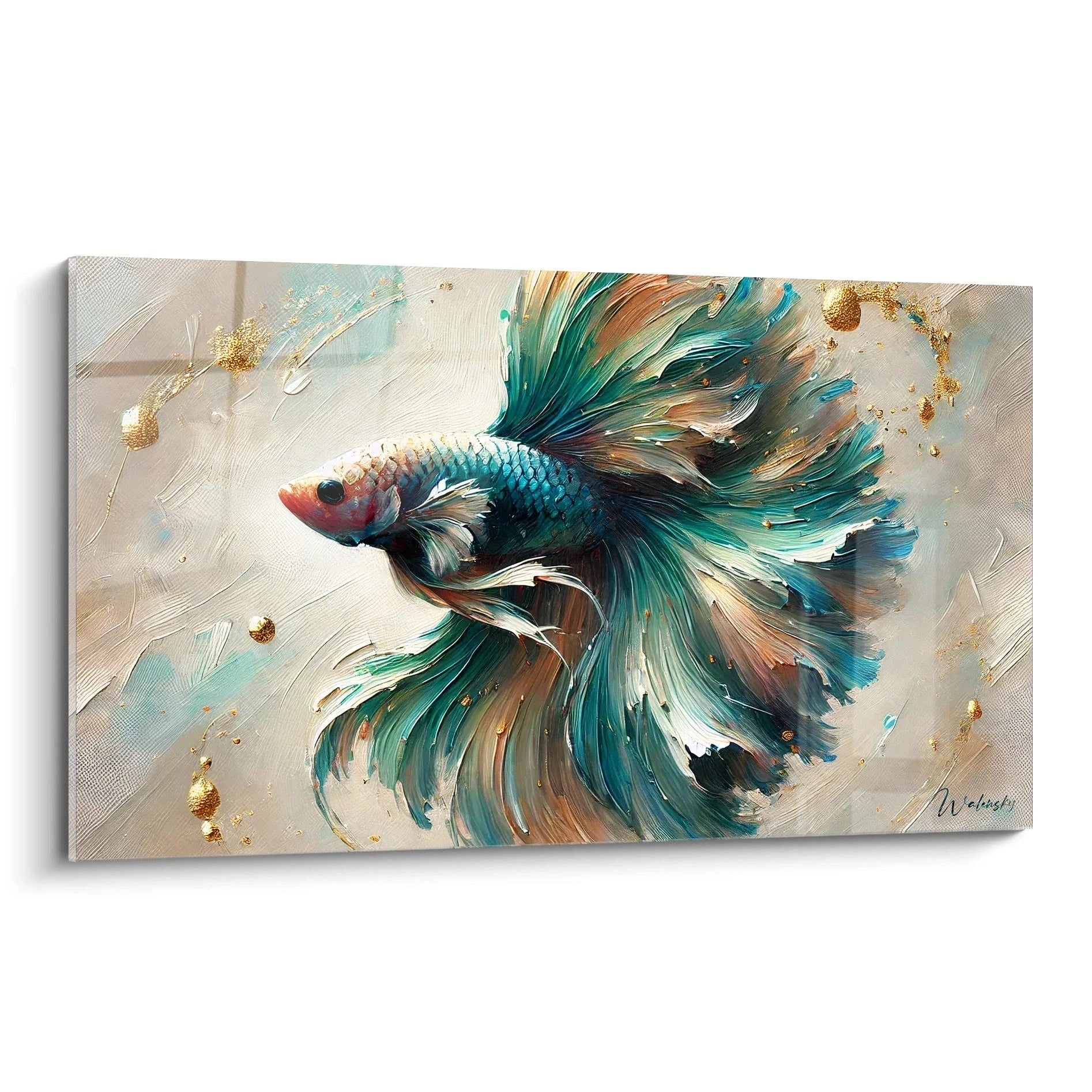 Tableau poisson betta vibrant vu de biais, mettant en avant les couleurs vives et la texture réaliste des nageoires luxuriantes. Un art captivant pour les amoureux de la beauté marine.