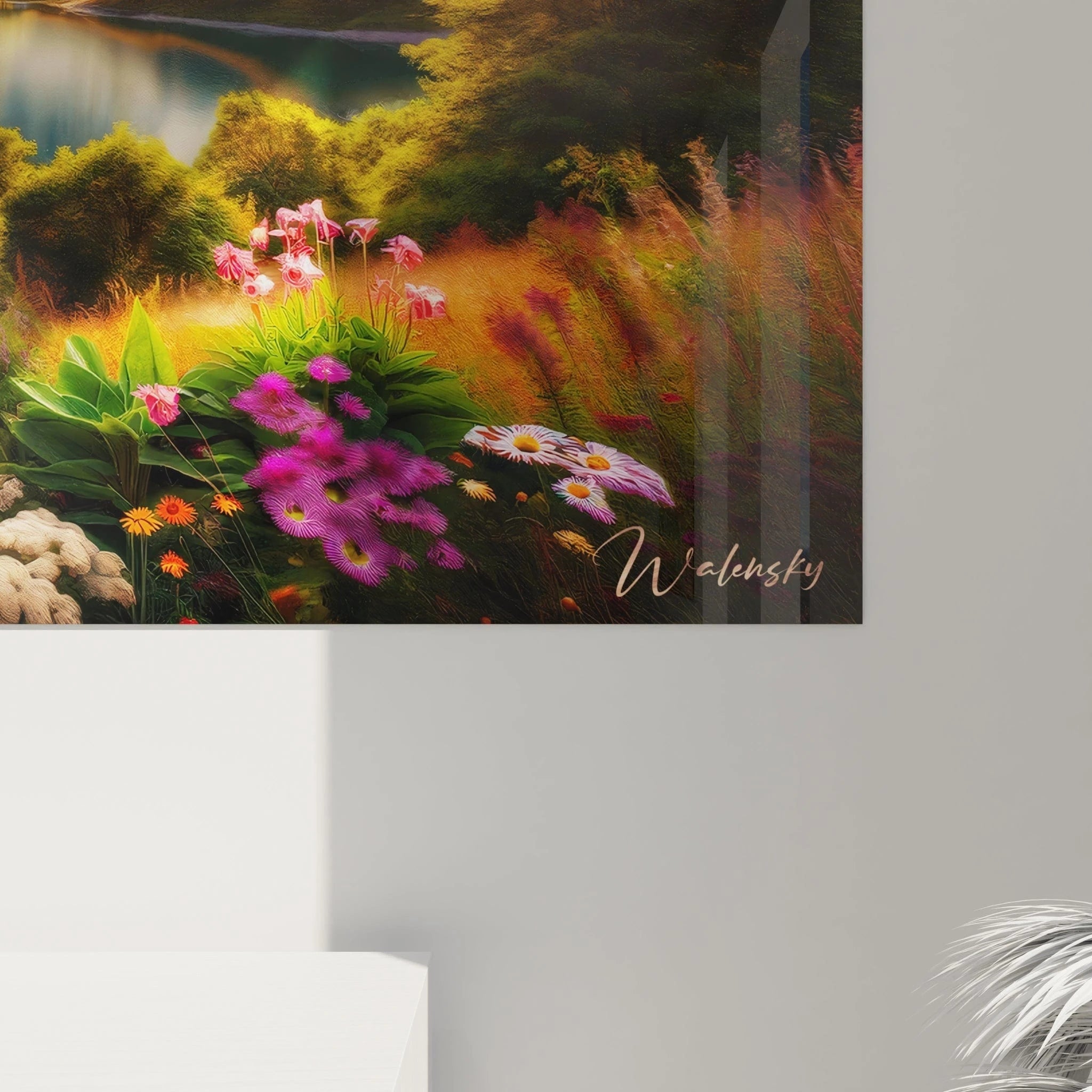Tableau paysage mural de Walensky avec fleurs colorées et un lac paisible au fond
