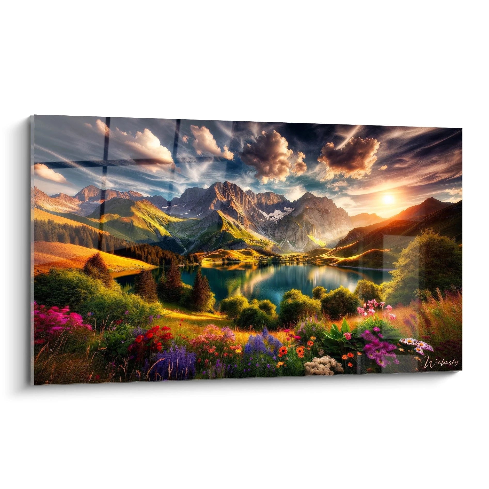 Tableau Paysage mural coloré avec montagnes, lac et fleurs en avant-plan pour une décoration naturelle