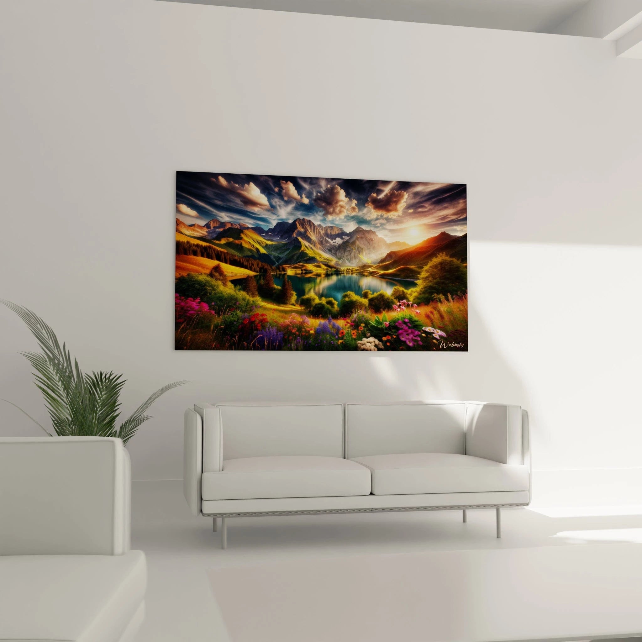 Tableau paysage mural de montagnes avec fleurs et ciel dramatique pour décoration intérieure élégante