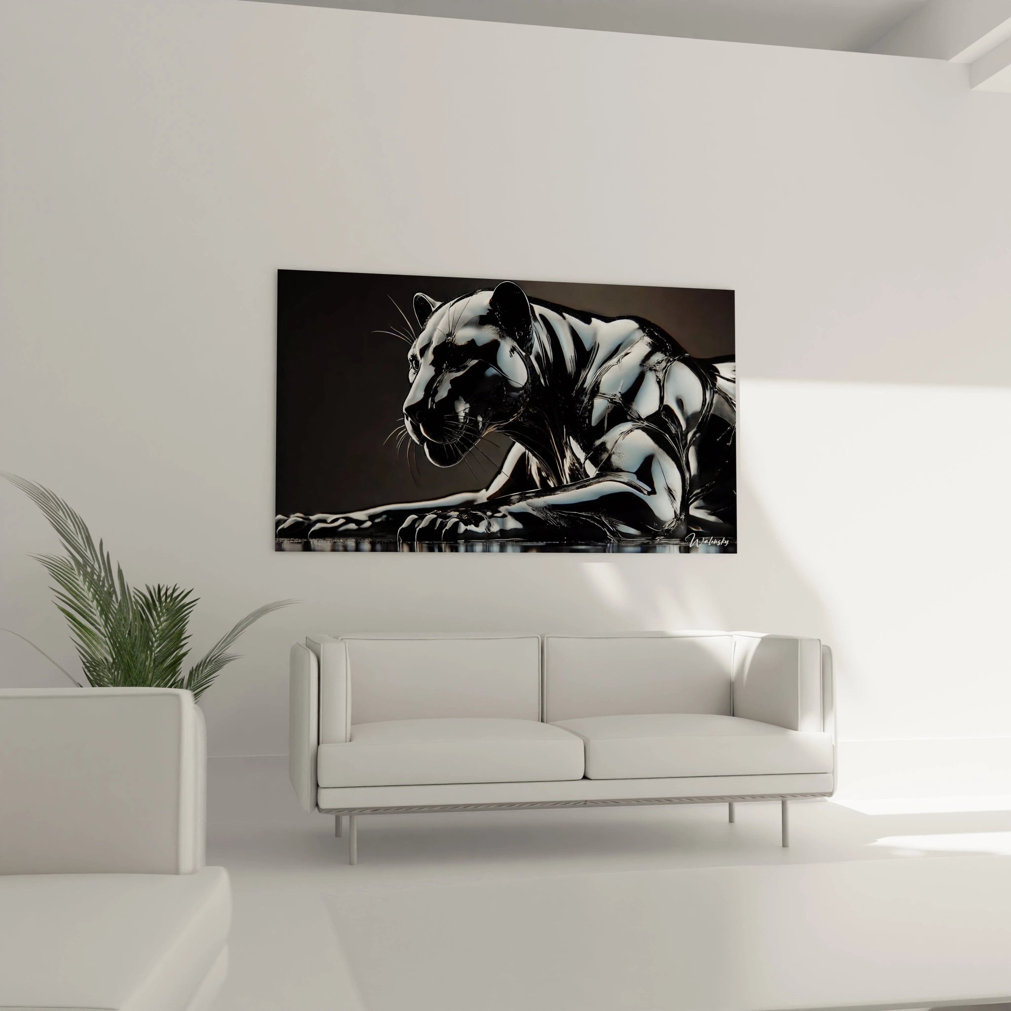 Dans un salon au dessus du canapé ce tableau panthere noire impose sa presence Sa texture brillante et son design contemporain sont parfaits pour un interieur moderne et epuré