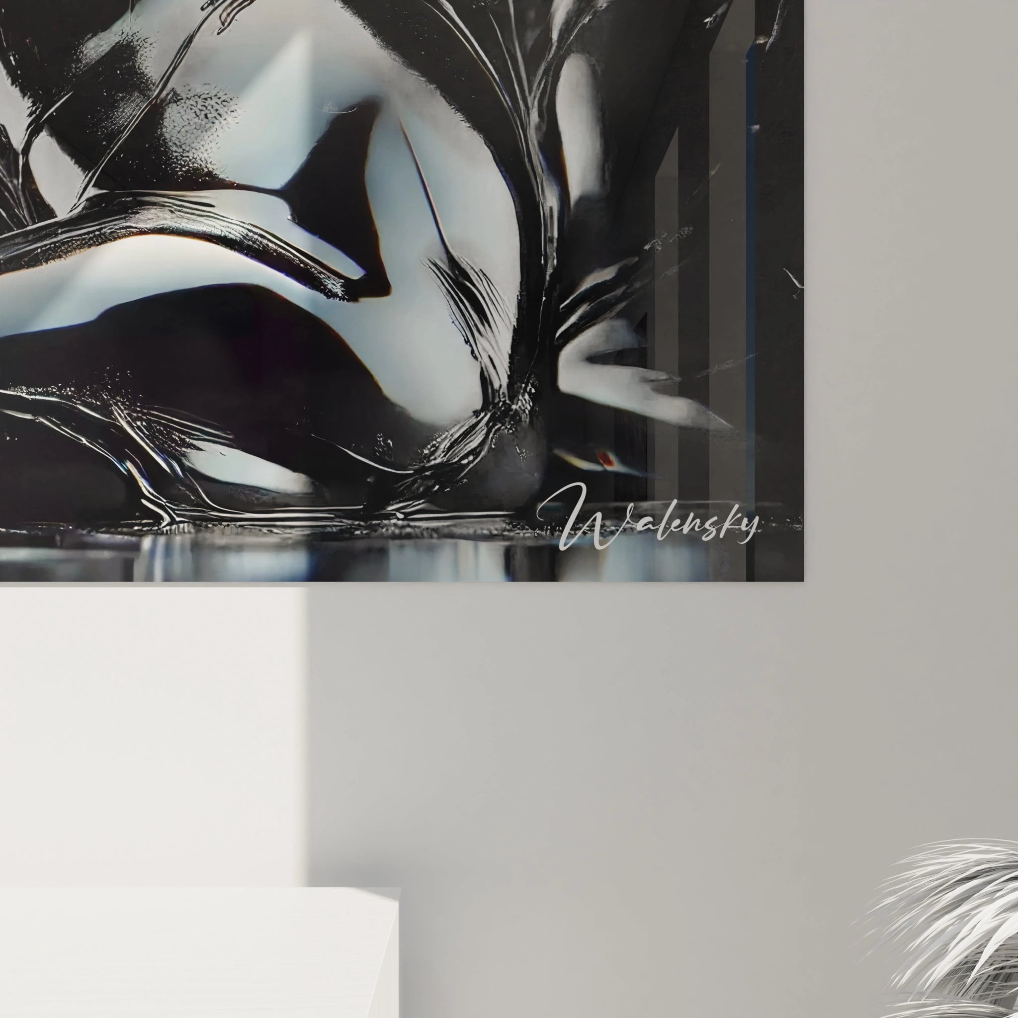 Vue de pres ce tableau panthere noire revele ses details minutieux avec son pelage noir intense et ses reflets argentés Une oeuvre mystique et moderne pour un espace design