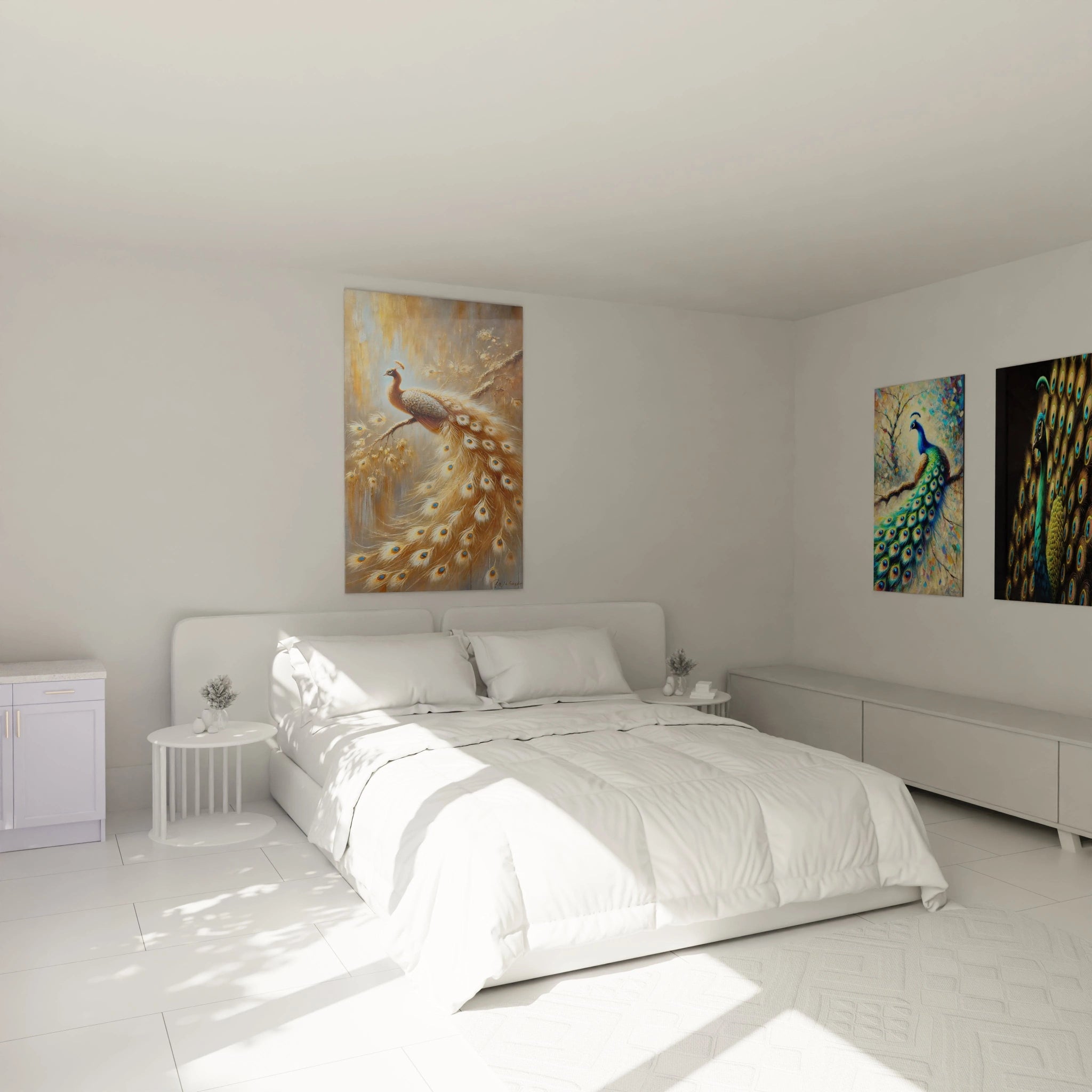 Accroche au mur au dessus d un lit, ce tableau paon dore illumine la chambre avec ses nuances chaudes et apaisees, apportant une touche de luxe raffinee a votre espace de repos.