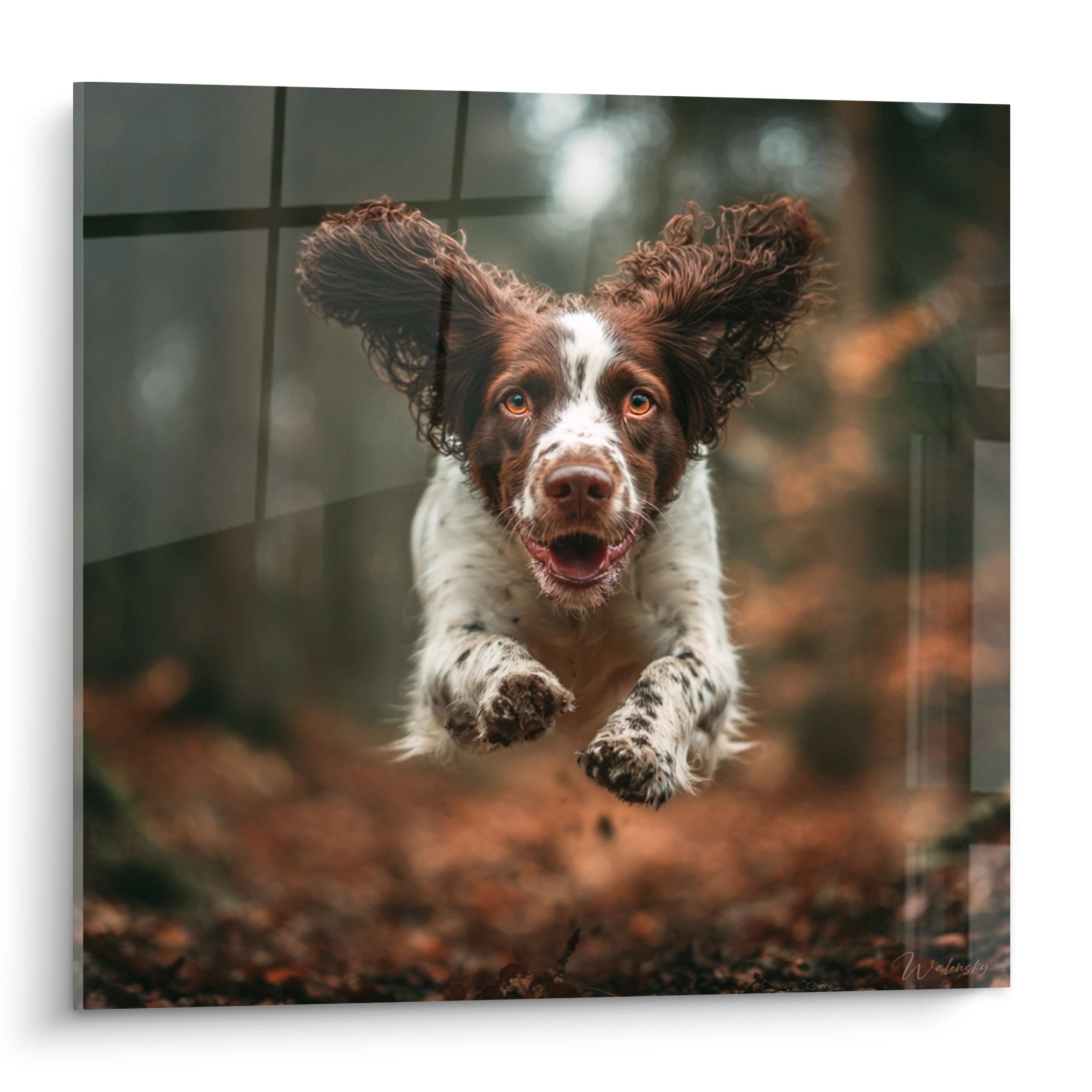 Springer Anglais bondissant oreilles au vent expression joyeuse pelage brun blanc tableau dynamique