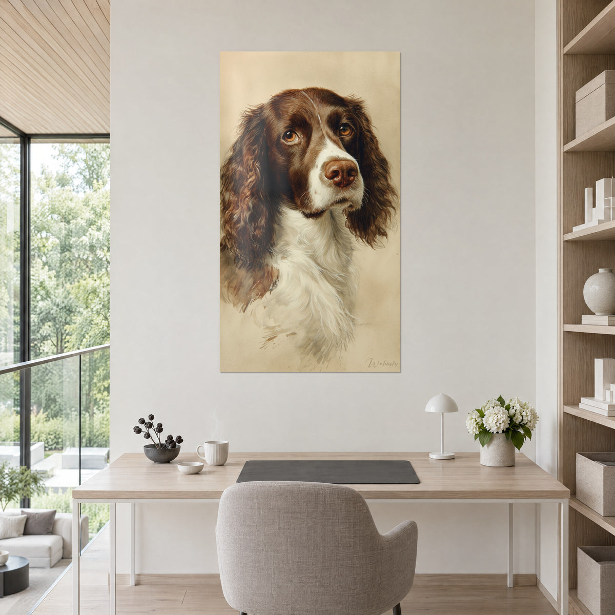 Cuadro springer chocolate y blanco, mirada ámbar, acuarela beige, encima de un escritorio de madera clara con lámpara blanca
