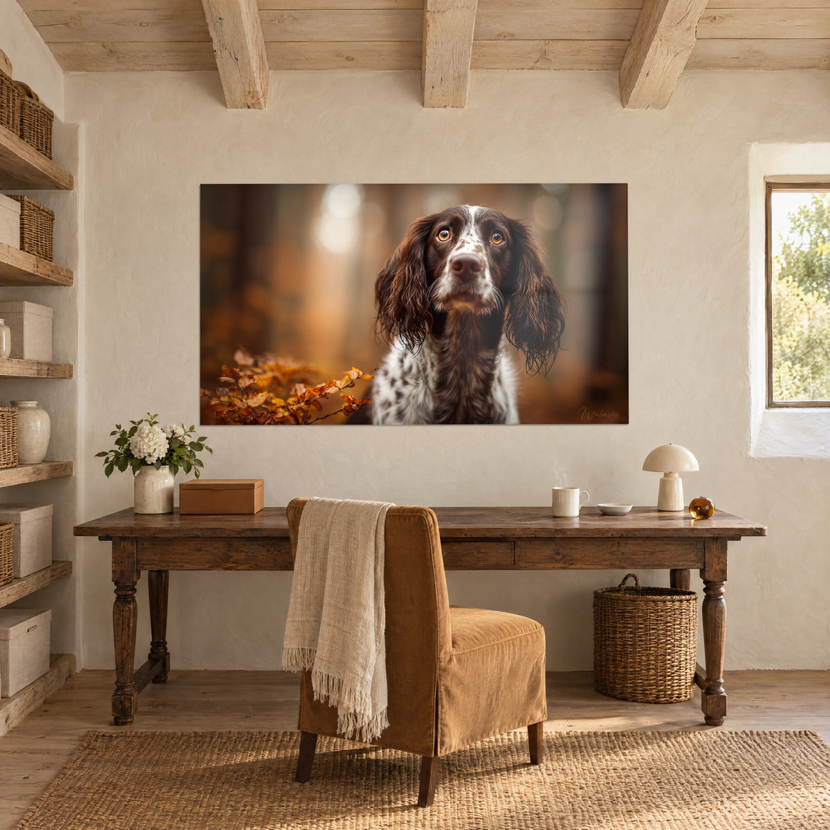 Quadro ritratto di uno springer attento, naso rosa, manto bianco screziato di marrone, luce arancione, in uno studio in legno