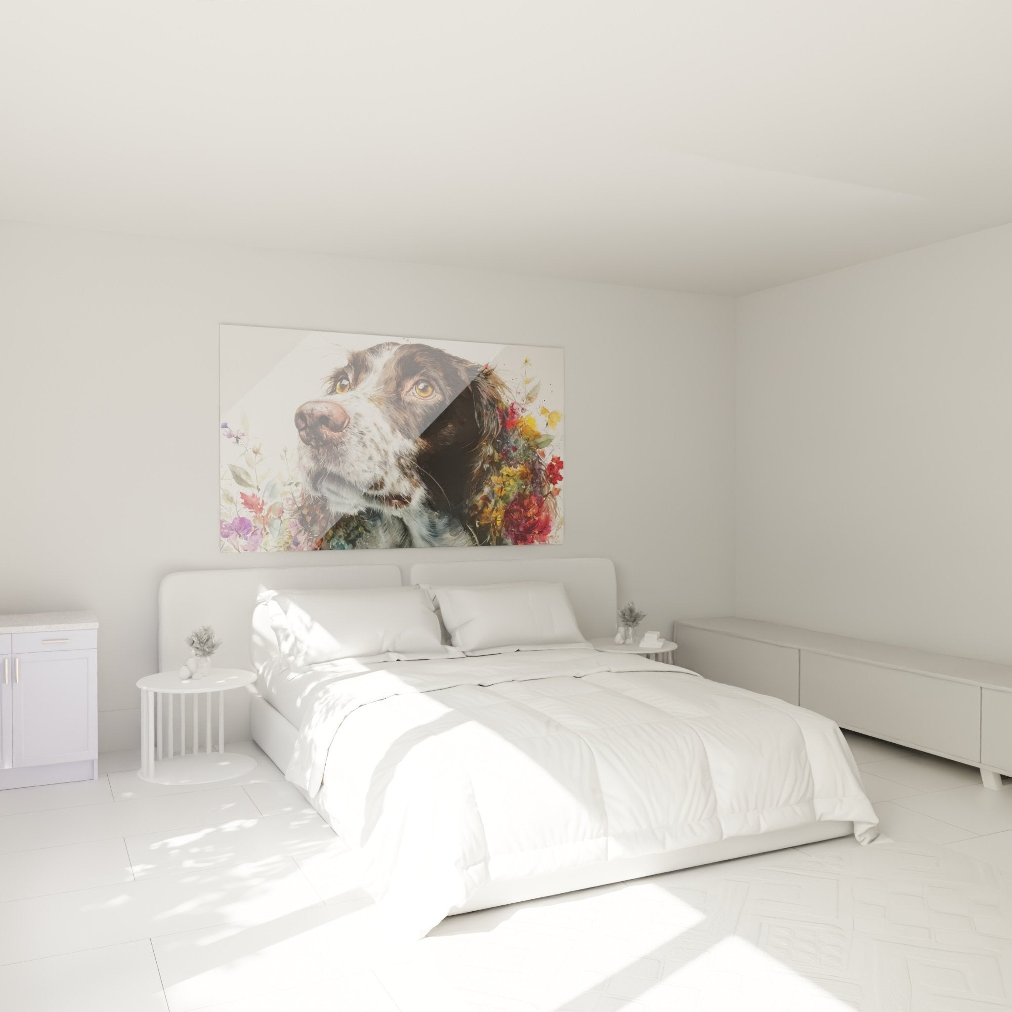 Tableau Springer Anglais floral dans chambre moderne avec décoration douce et chaleureuse