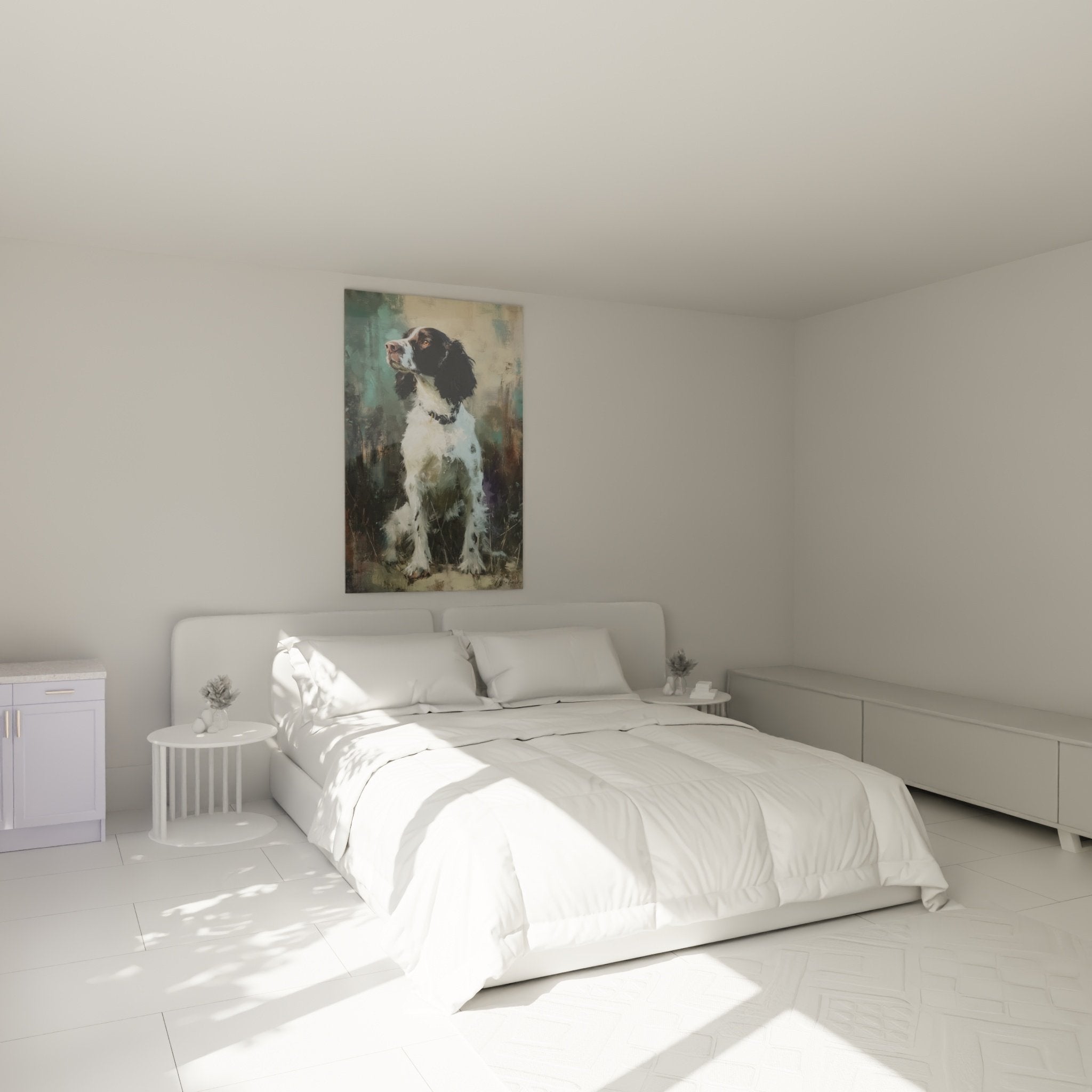 Springer Englisch Gemälde in modernem Schlafzimmer mit hellen Wänden zeitgenössische Dekoration Spaniel Porträt