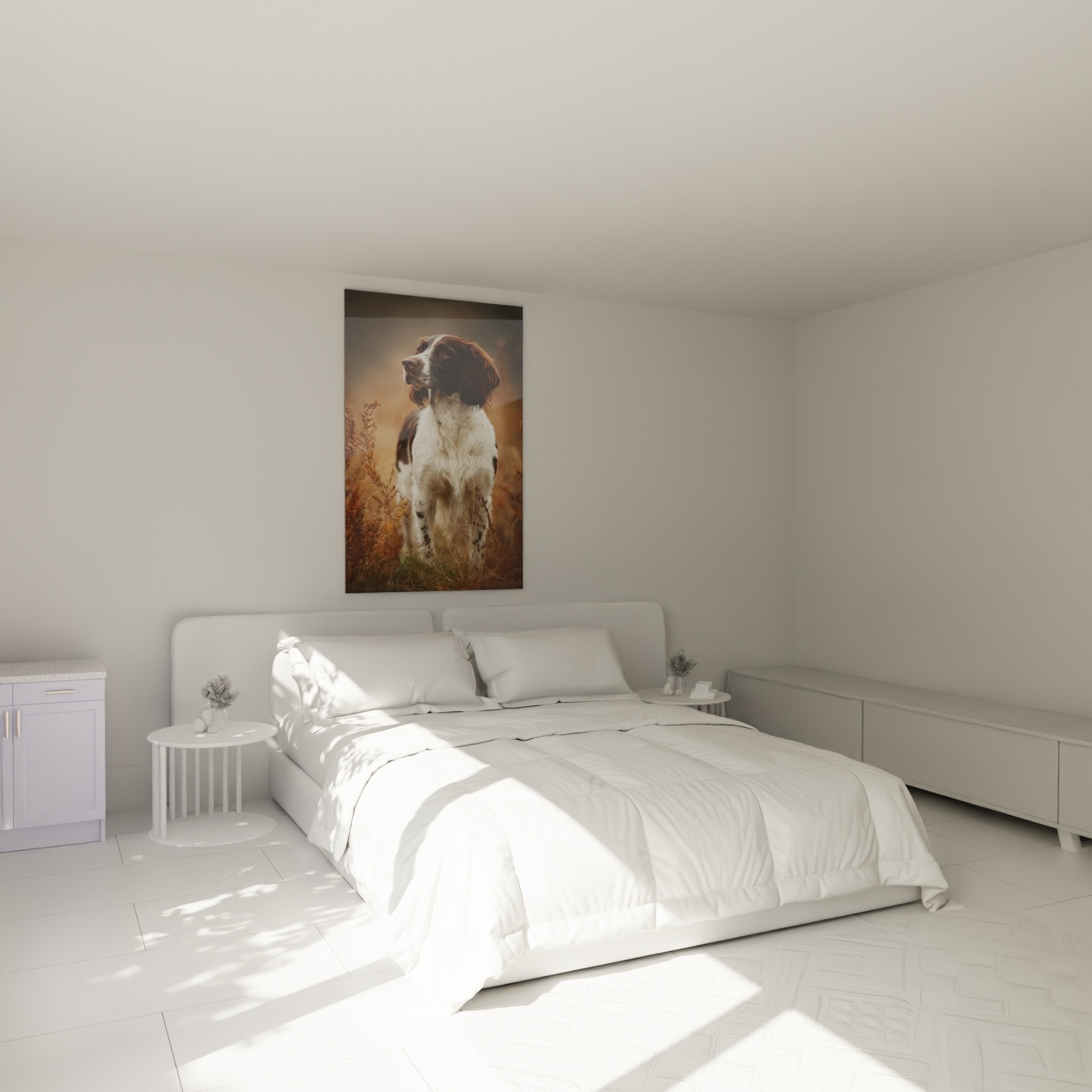 Tableau décoratif Springer Anglais dans chambre moderne, ambiance chaleureuse tons naturels