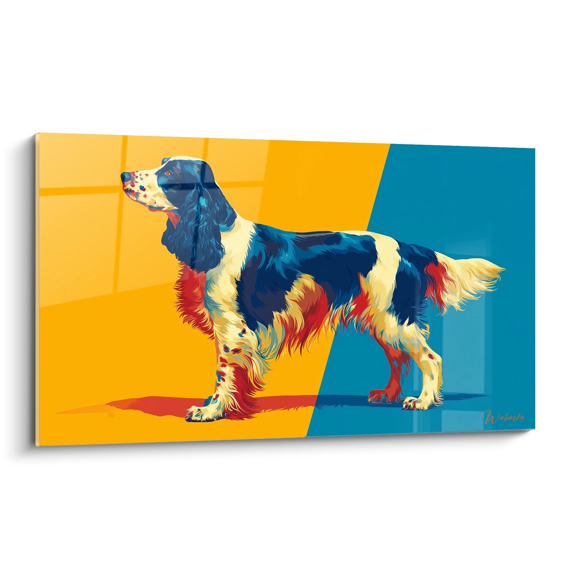 Tableau pop art Springer Anglais aux couleurs orange et bleue sur fond geometrique moderne