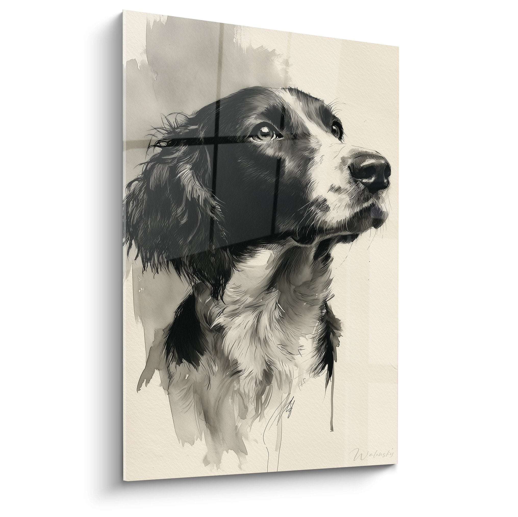 Tableau portrait Springer Anglais noir et blanc regard levé aquarelle coulures encre fond beige