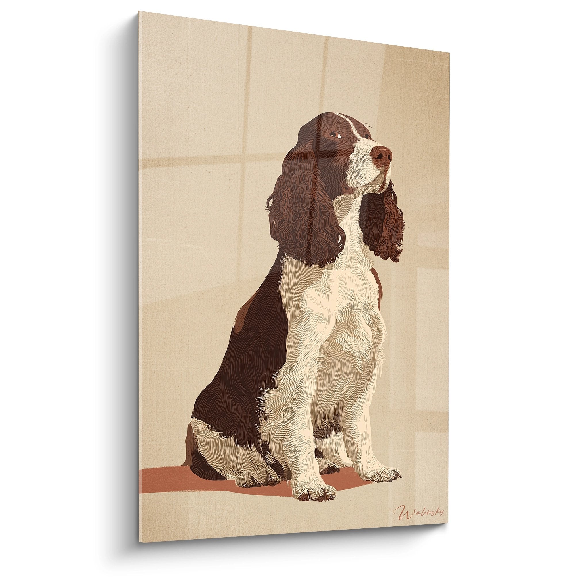 Portrait artistique Springer Anglais assis fond beige regard melancolique oreilles bouclees chocolat blanc