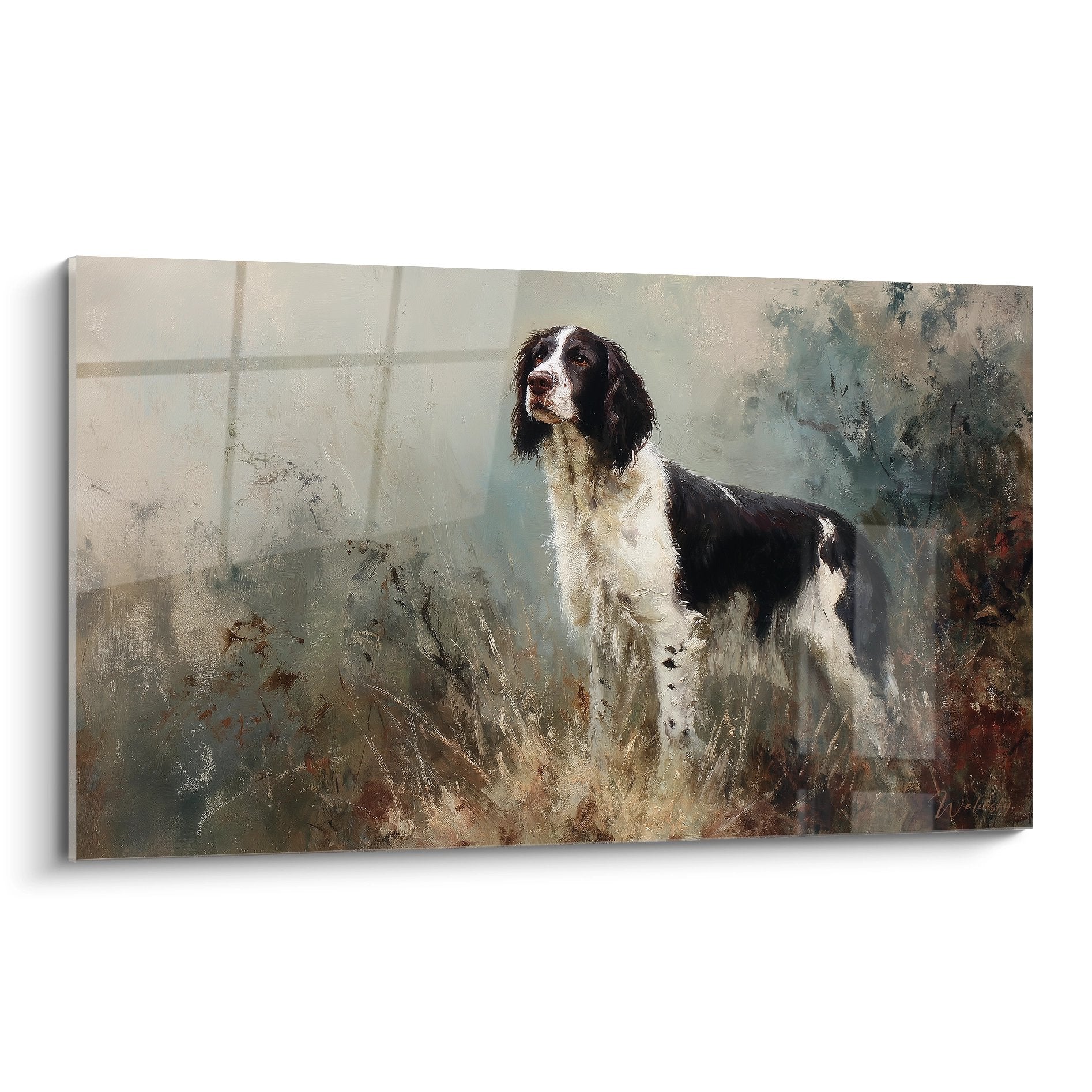 Tableau portrait Springer Anglais noir et blanc dans paysage automnal brumeux tons ocre et dorés