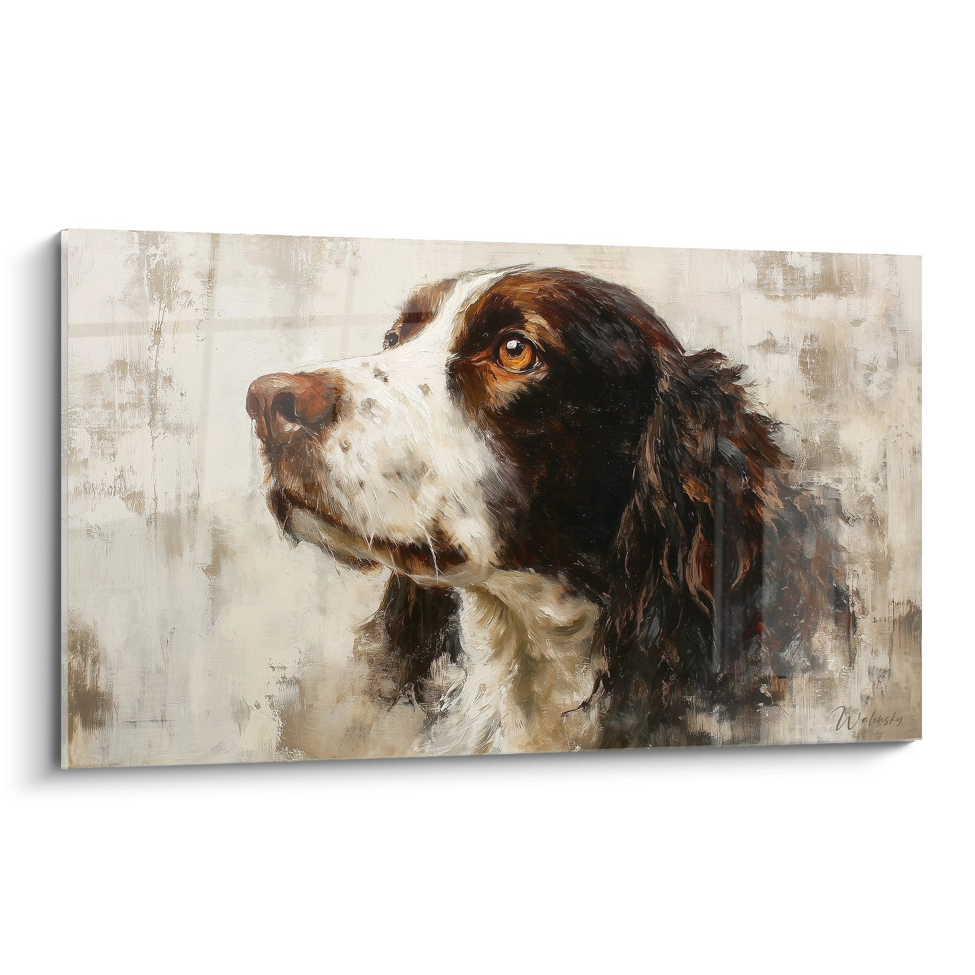 Portrait expressif Springer Anglais yeux dorés pelage brun blanc regard mélancolique tableau chien