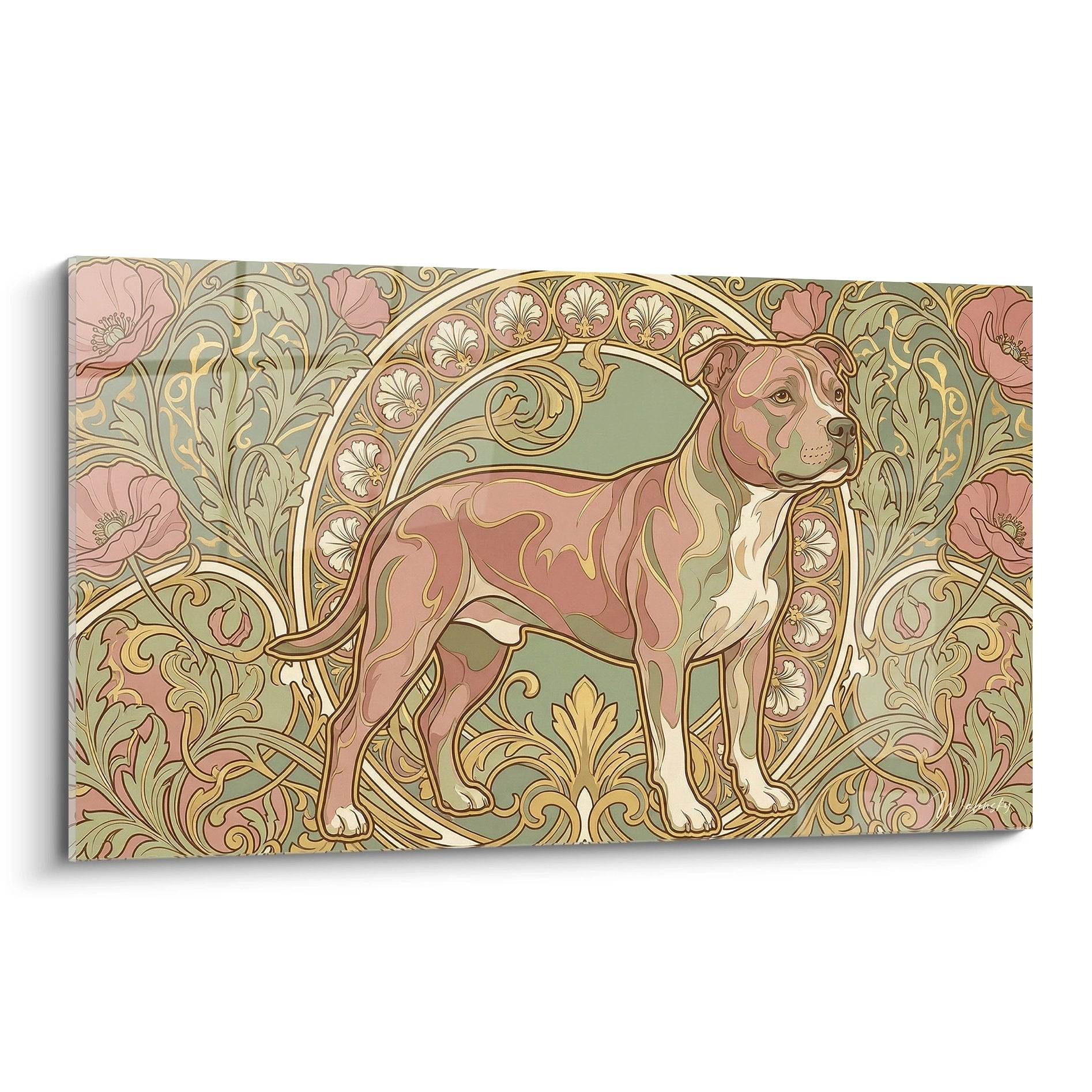 Art Nouveau Staffordshire Bull Terrier Wall Art with Floral Ornaments Pink and Gold Elegant Decorative Style