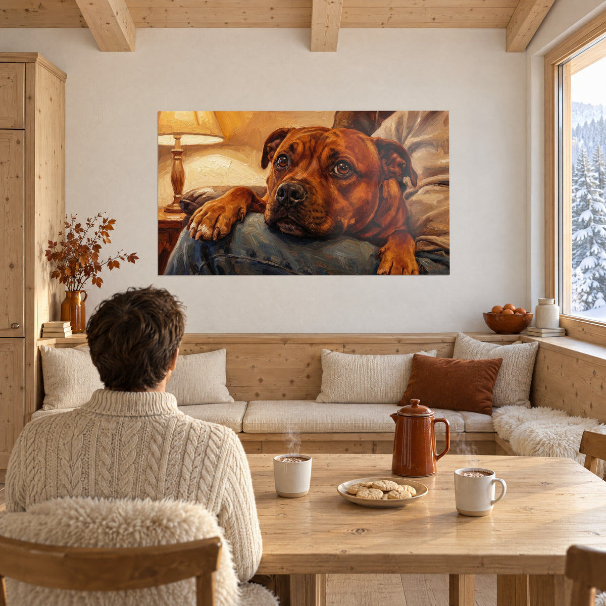 Quadro a olio di un ritratto canino dal pelo marrone-rossiccio, sguardo dolce, paralume beige, appeso vicino a una vetrata innevata dello chalet