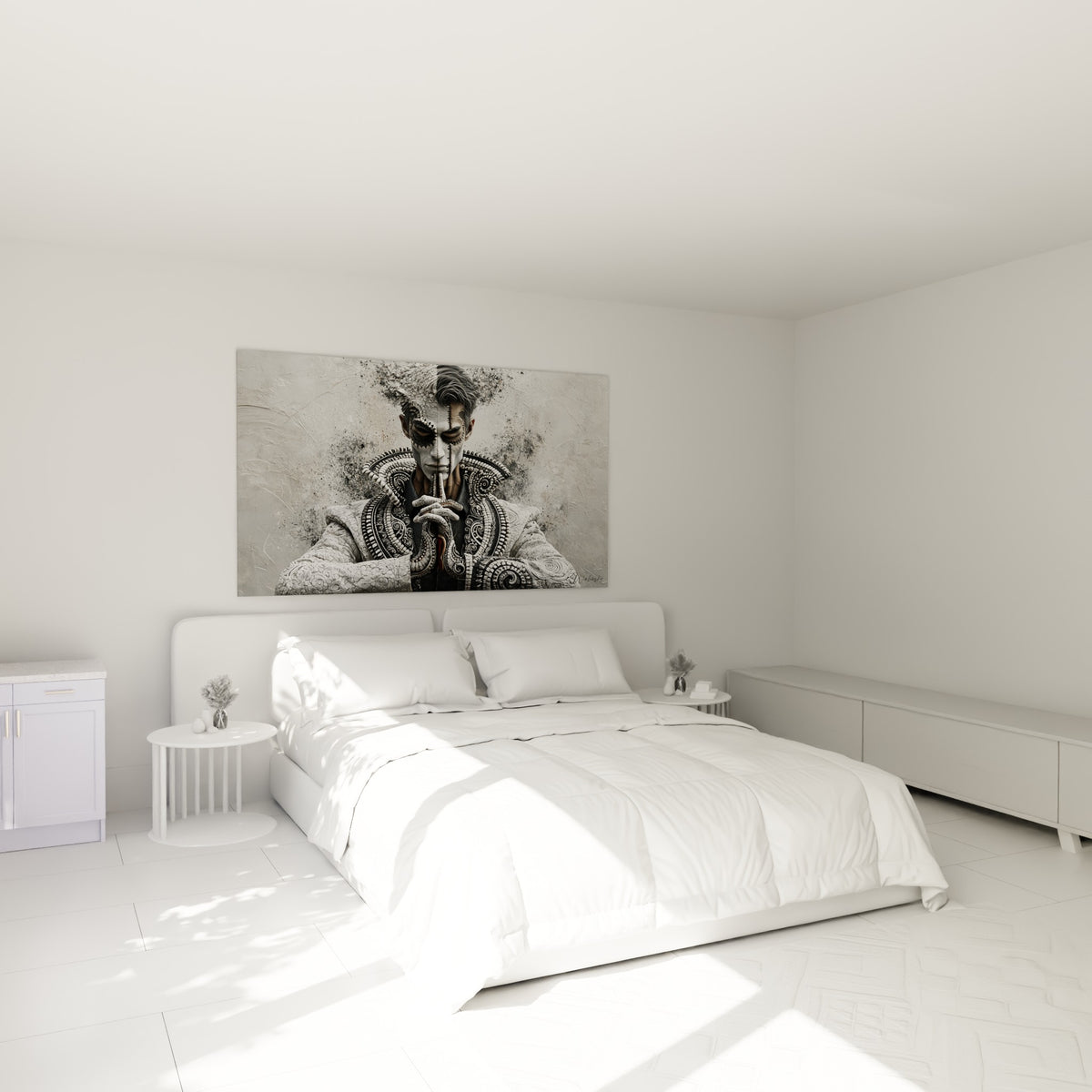 Silhouette de statue au visage craquelé, tons anthracite et blanc cassé, au-dessus d'un lit dans une chambre claire