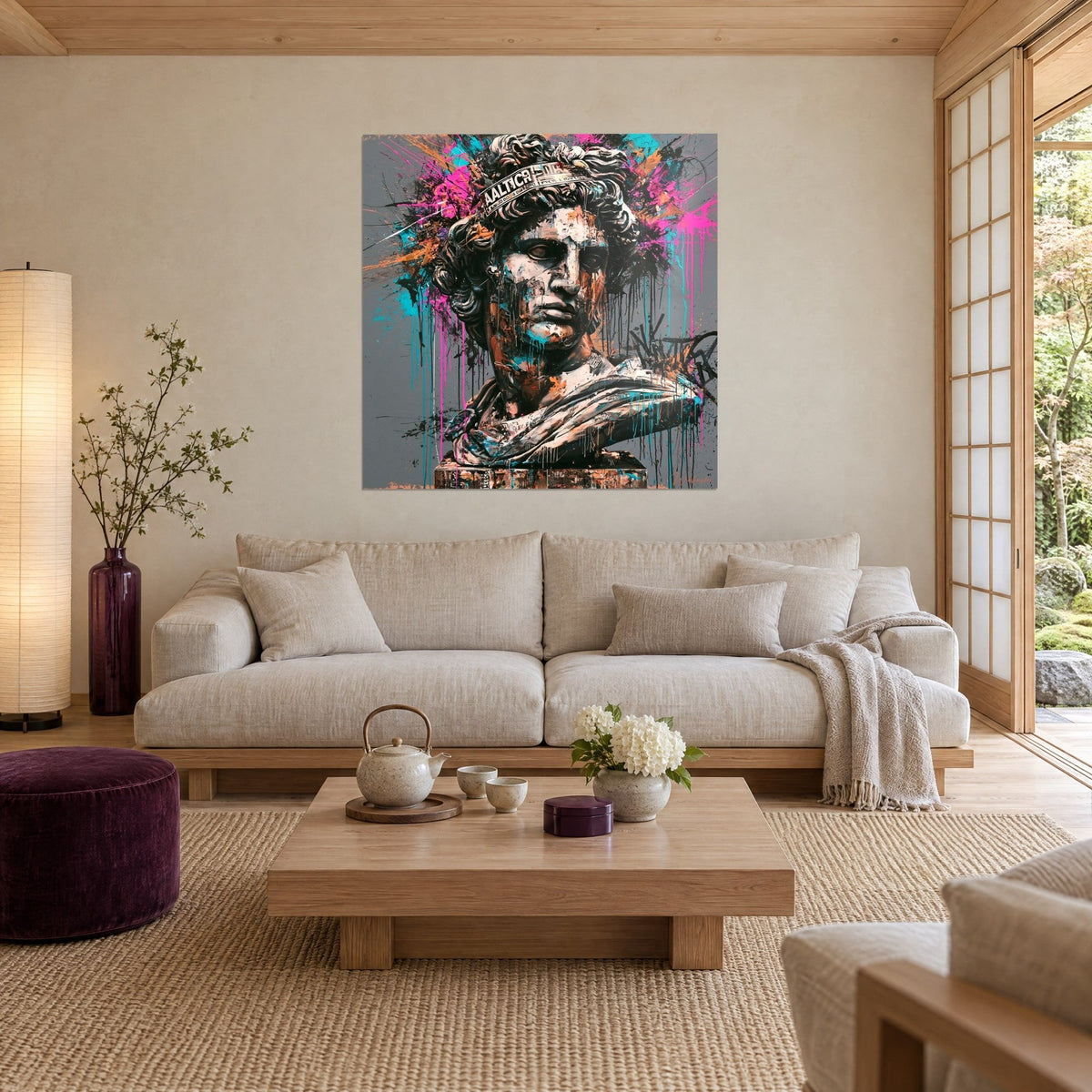 Cuadro busto antiguo con rizos de mármol, salpicaduras rosa vivo y turquesa sobre fondo gris, encima de un sofá en un salón luminoso