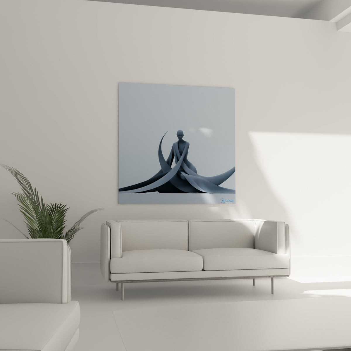 Figure statue anthracite et bleu marine, posture méditative, au-dessus d'un canapé dans un salon lumineux