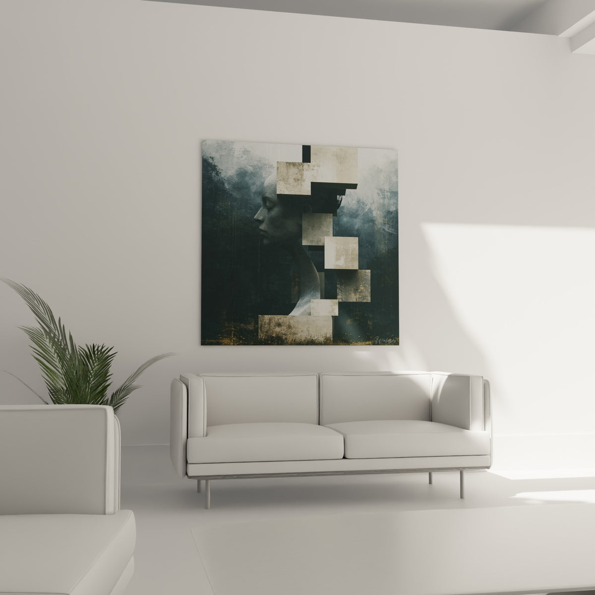 Silhouette anthracite et beige de la Statue au-dessus d'un canapé dans un salon lumineux