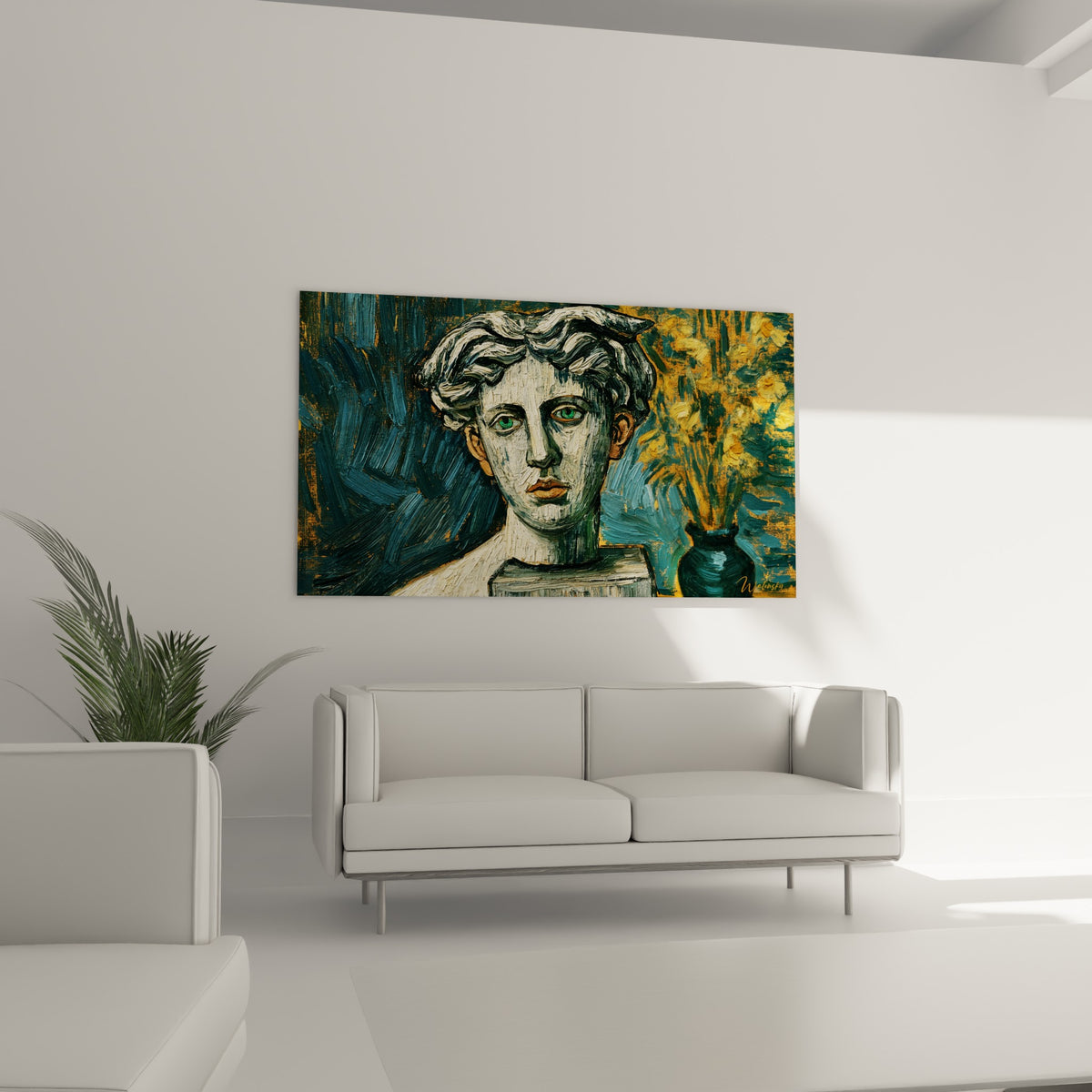 Buste antique blanc et bleu marine entouré de fleurs jaunes, suspendu au-dessus d'un canapé dans un salon lumineux