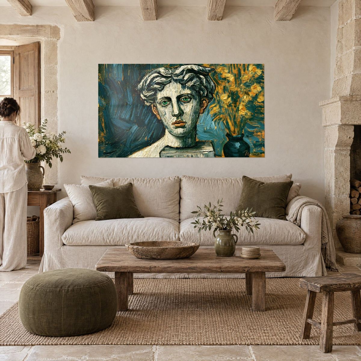 Wall art white marble bust with emerald eyes, teal and ochre tones, a woman seen from behind above a sofa in a bright living room