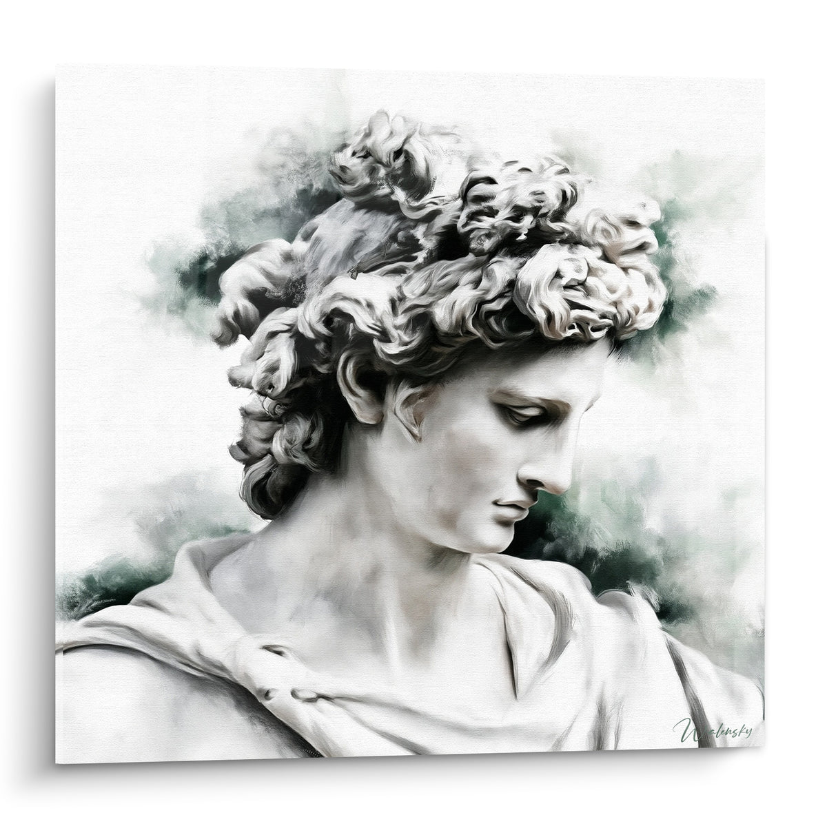 Buste antique aux boucles ivoire, profil baissé, fond fumé vert sauge et gris perle