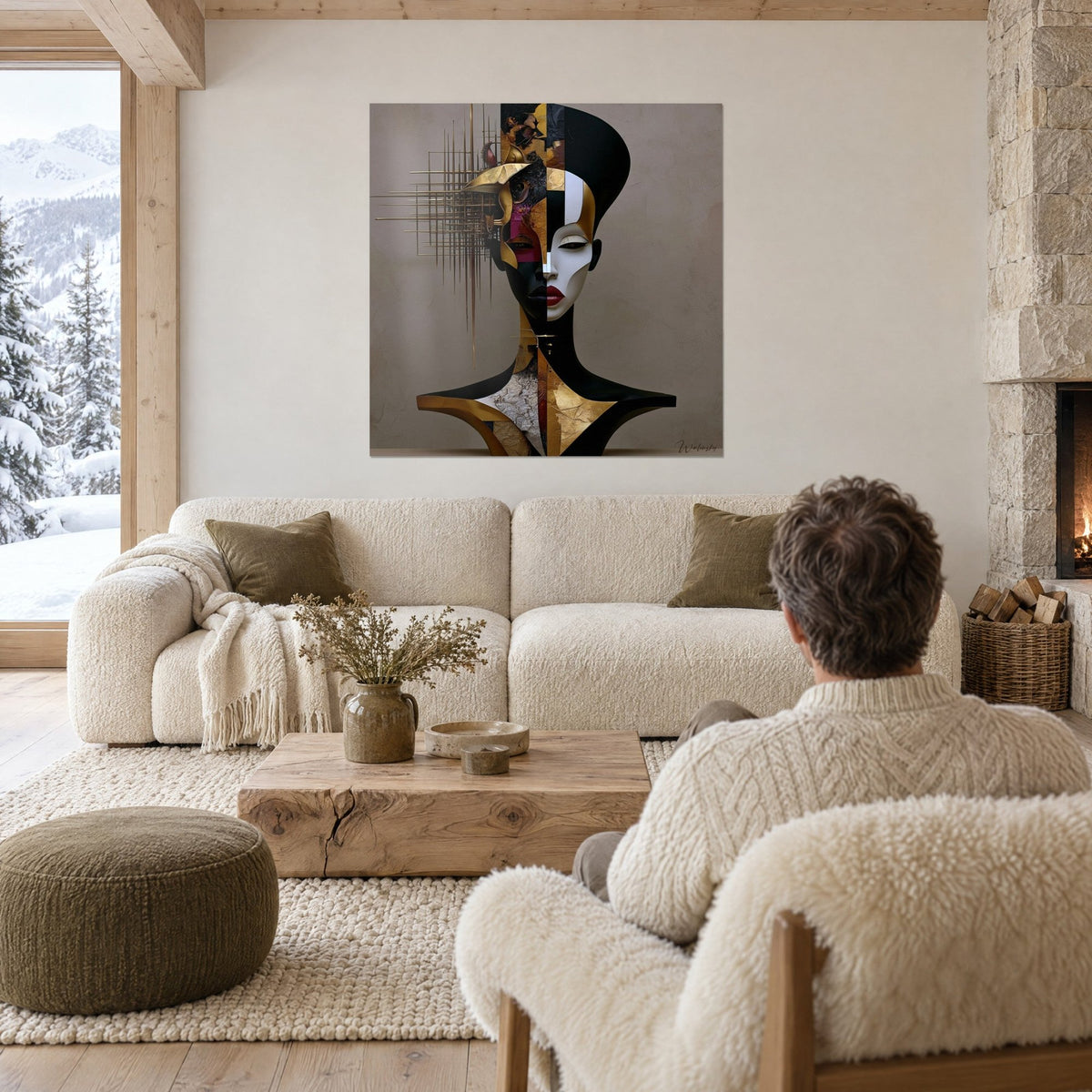 Wall art fragmented female bust in black and gold, face half white half dark, man seen from behind above a sofa in a bright living room