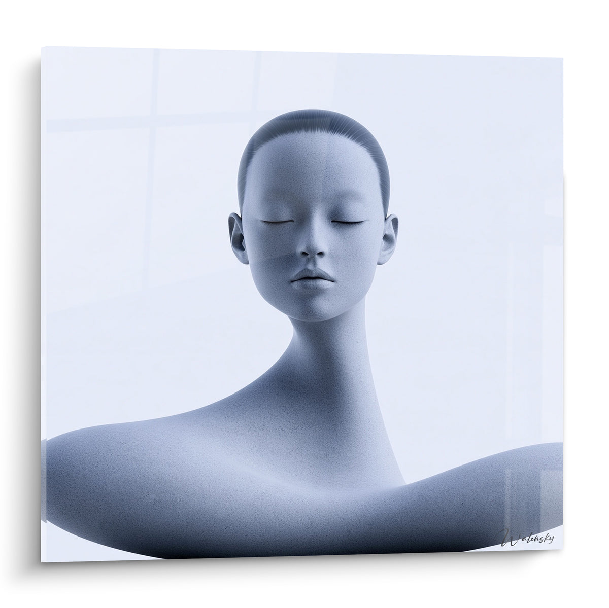 Buste gris bleuté aux yeux clos, visage lisse et texture granuleuse sur fond blanc