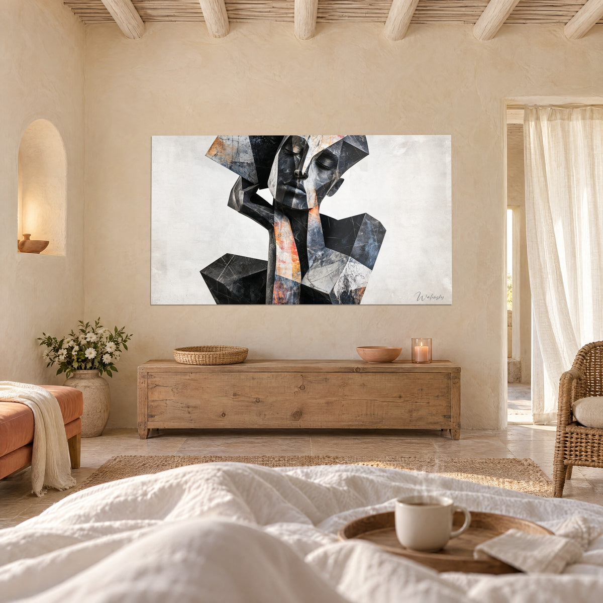 Schilderij geometrische buste met gesloten oogleden in antraciet en koraal, troont op een crèmekleurige muur boven een bed in een lichte slaapkamer