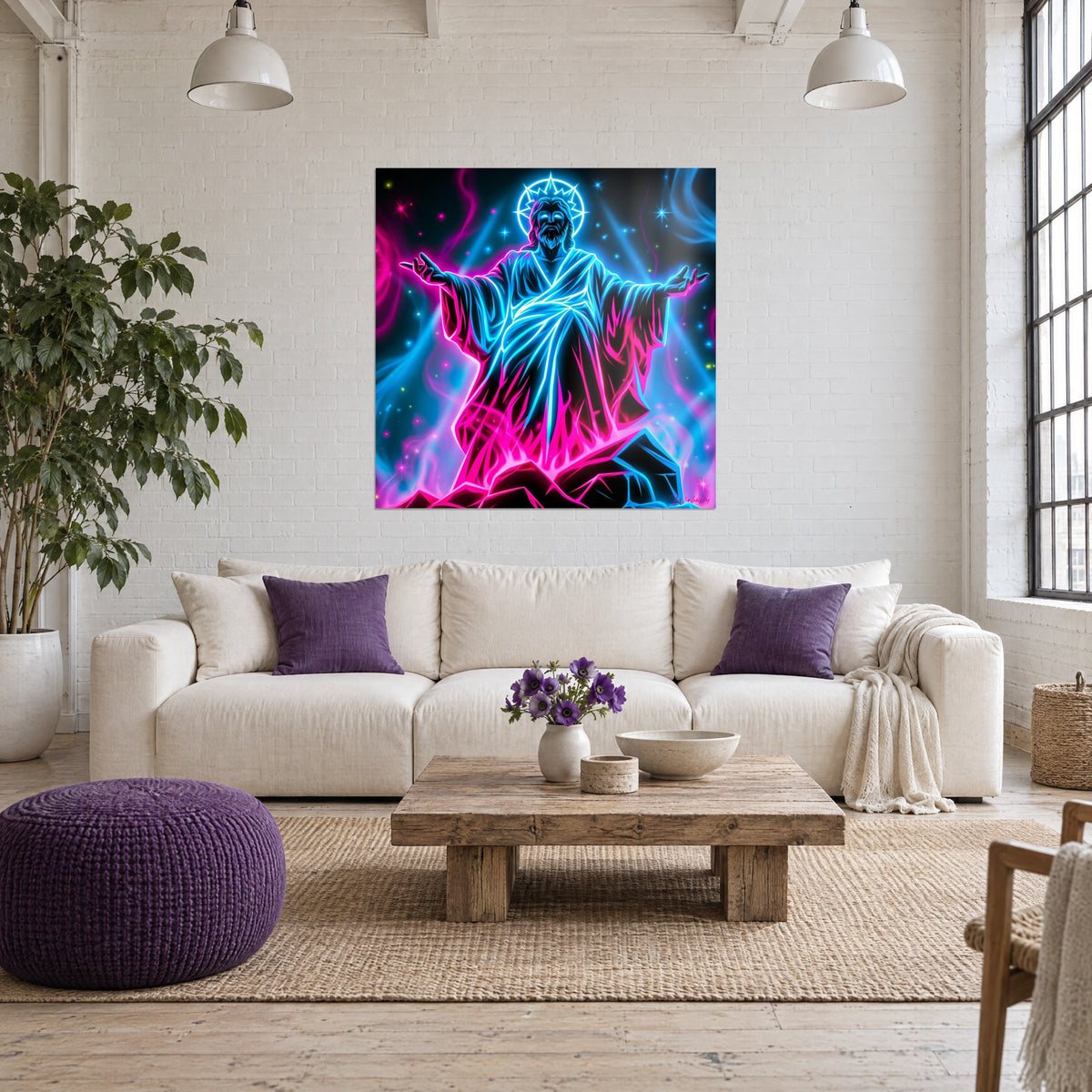 Figure christique lumineuse bleu et rose accrochée au-dessus d'un lit dans une chambre claire