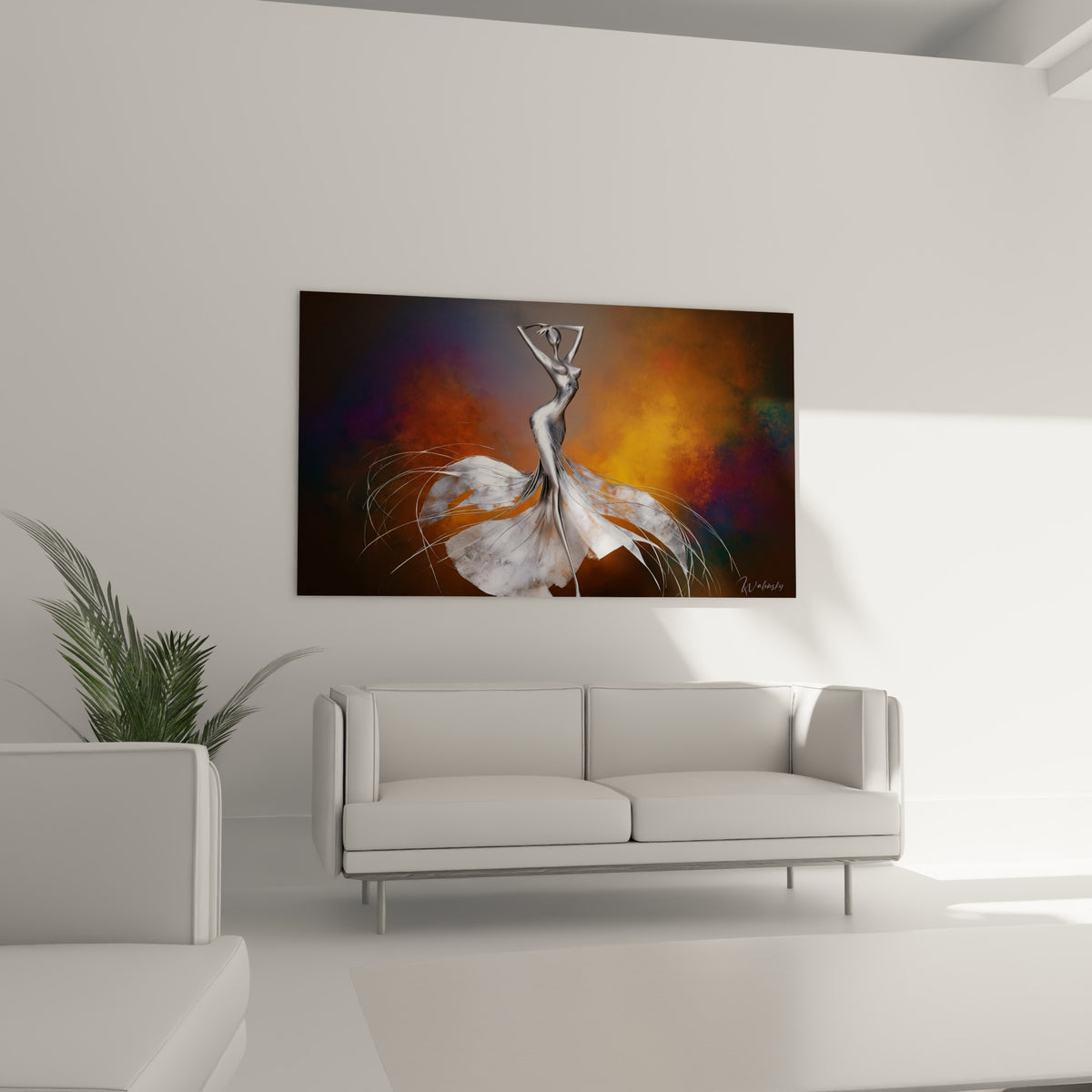 Danseuse sculptée en argent et blanc, robe déployée, au-dessus d'un canapé dans un salon lumineux