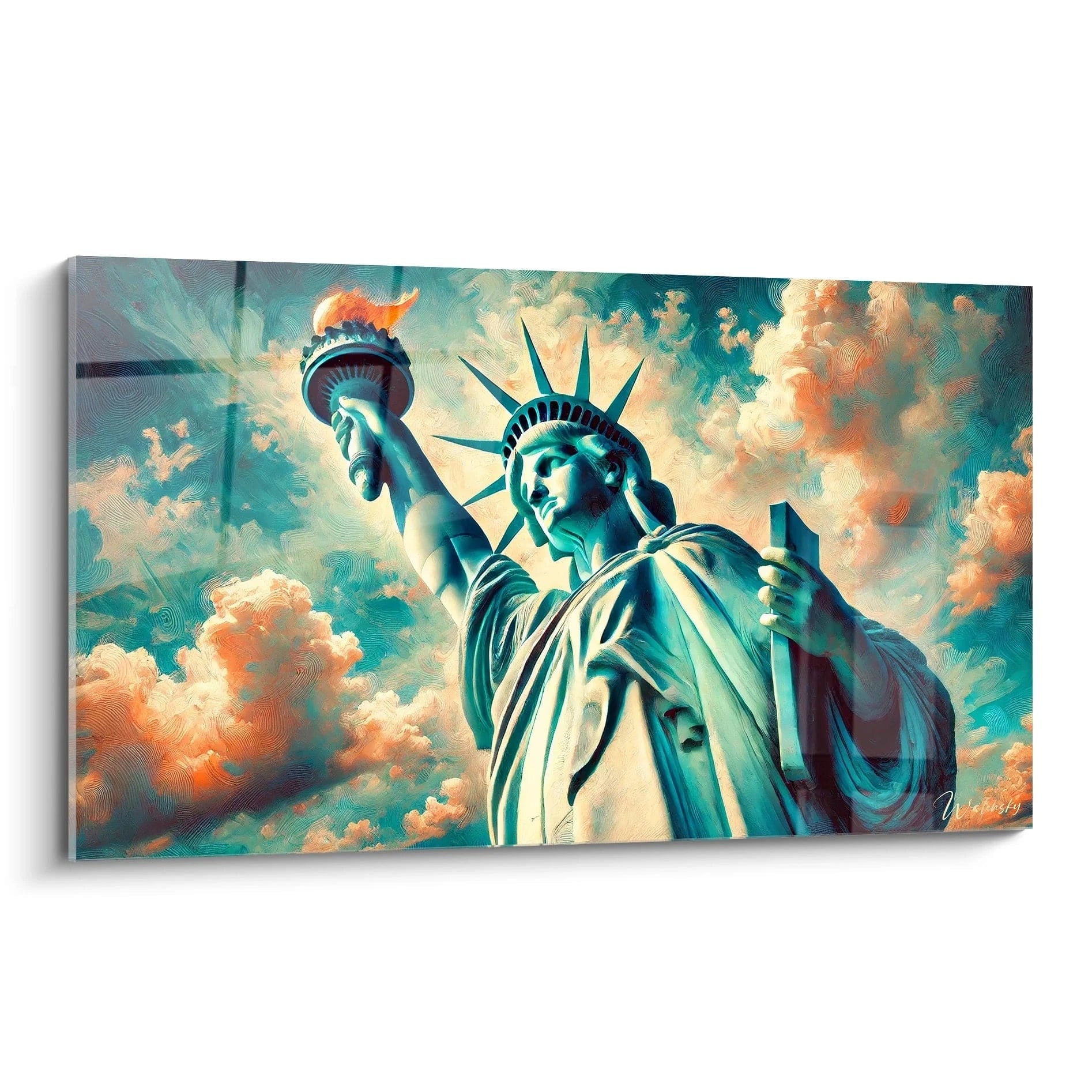 tableau Statue de la Liberté vu de biais révèle des textures dynamiques. Le bleu et l’orange s’entrelacent autour de la silhouette monumentale, capturant la lumière et la force du symbole américain.