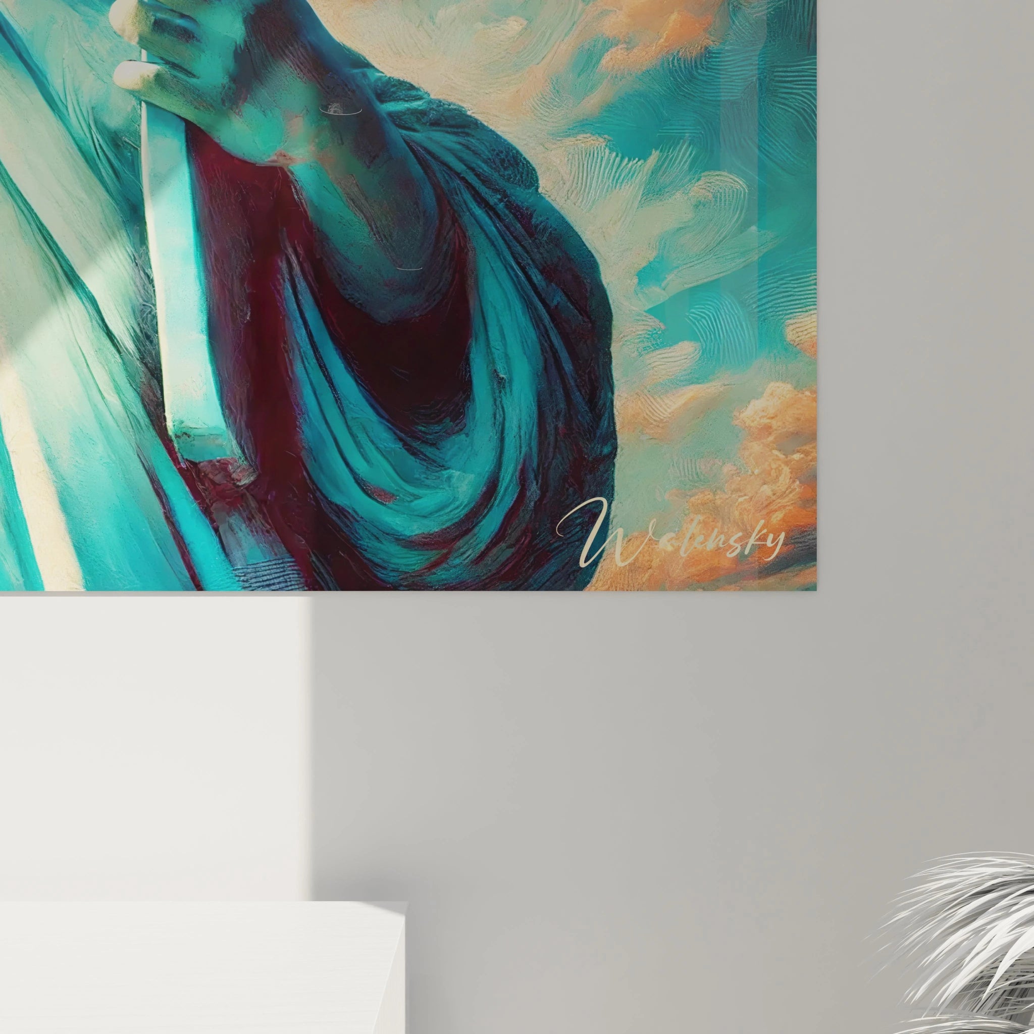 Vue rapprochée tableau Statue de la Liberté dévoile des détails texturés et des nuances éclatantes. Le jeu entre lumière et empâtement donne vie à cette œuvre emblématique, riche en symbolisme.