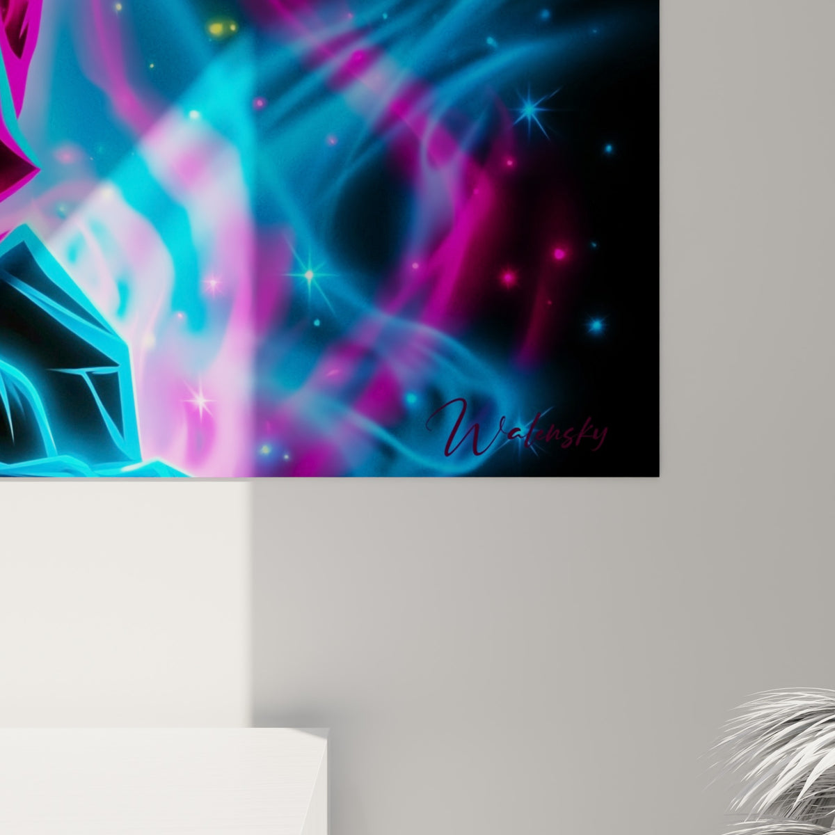 Détail du tableau Statue montrant les traits lumineux turquoise et les coulures roses de l'impression