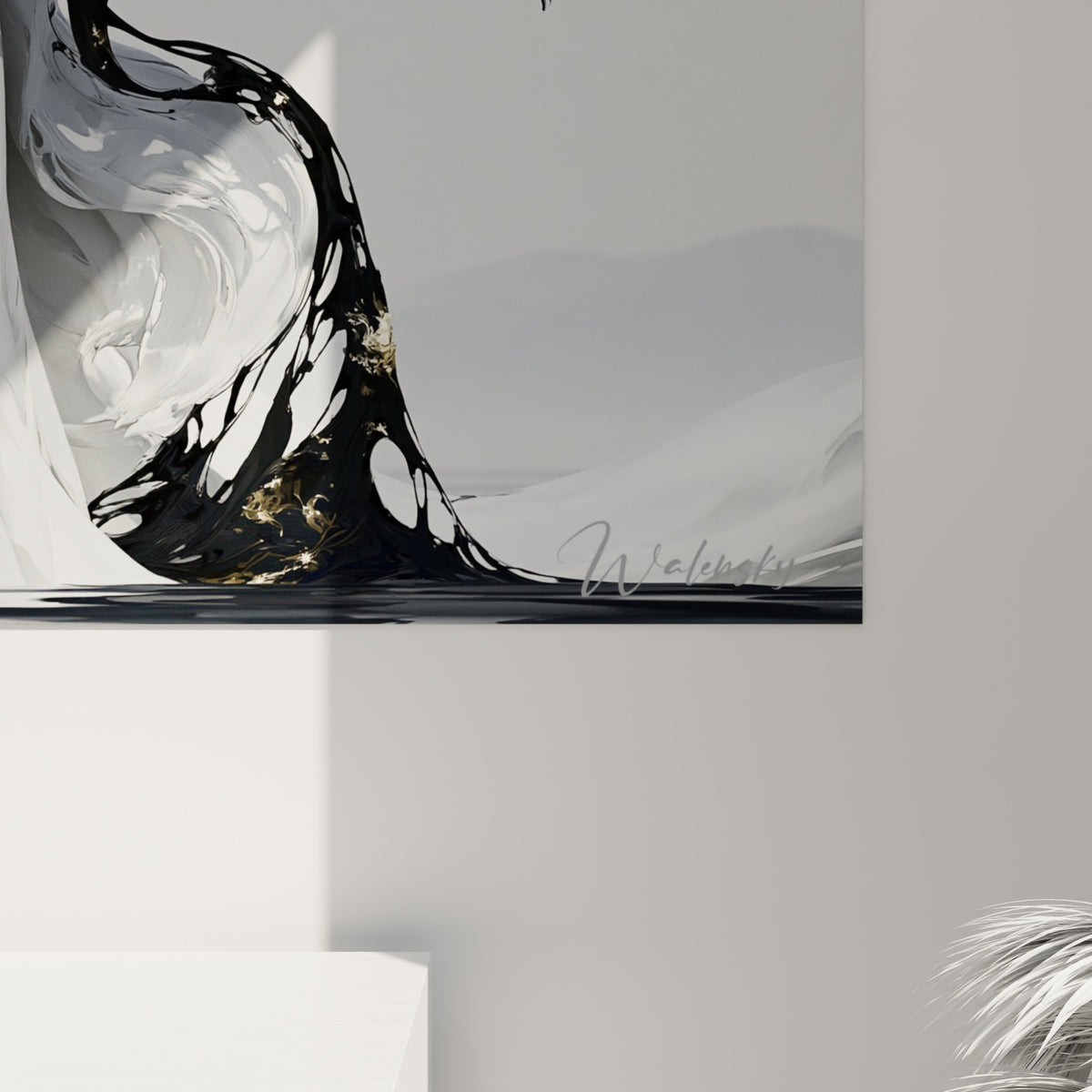 Détail du voile fluide noir et doré sur la matière blanche mate, empâtements et coulures visibles