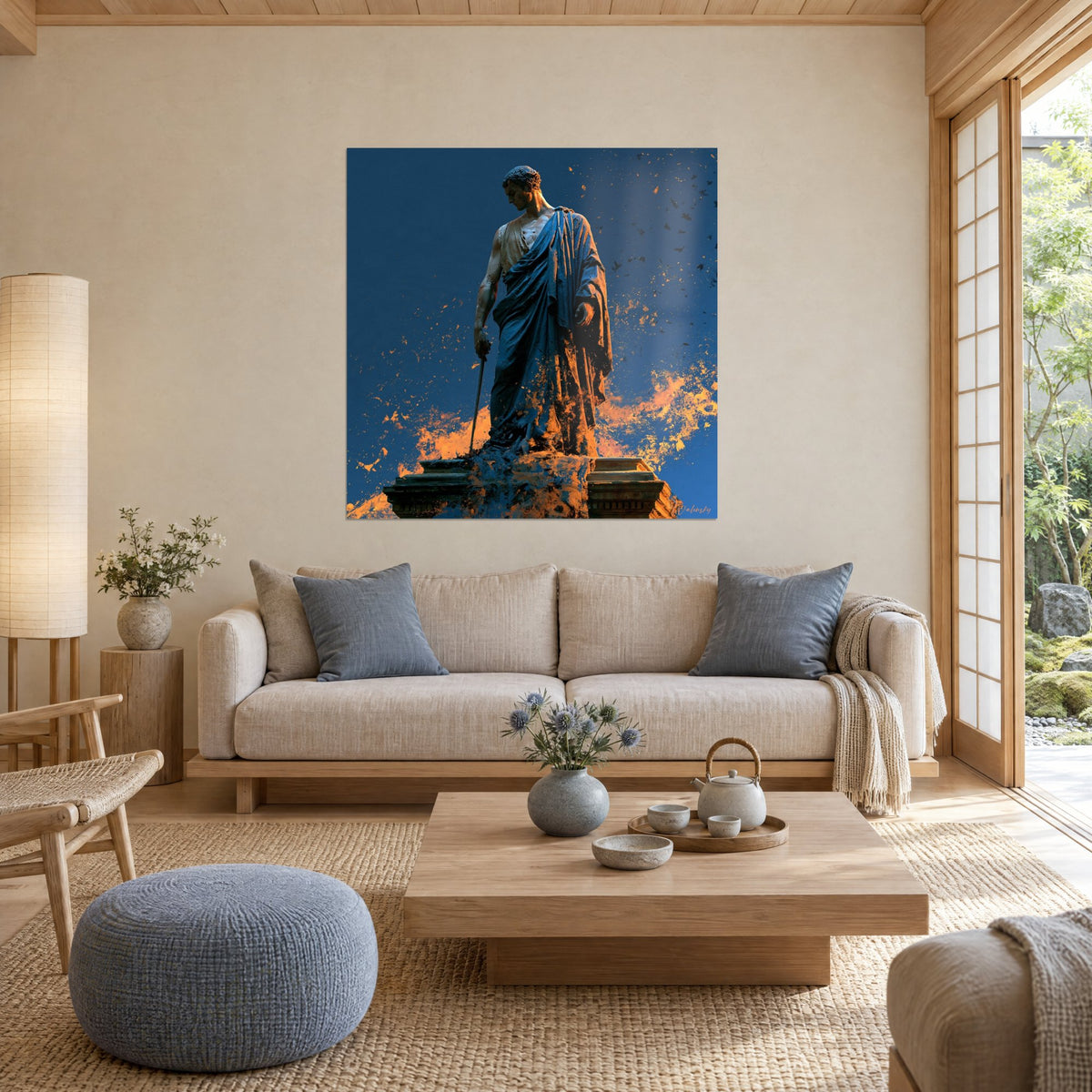 Tableau statue romaine drapée d'une toge bleu nuit, éclaboussures orange vif sur fond azur, au-dessus d'un canapé dans un salon lumineux