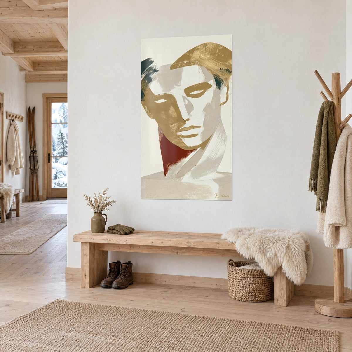 Tableau profil antique en or mat et blanc cassé, nuque rouge brique, près d'un banc en bois clair dans l'entrée