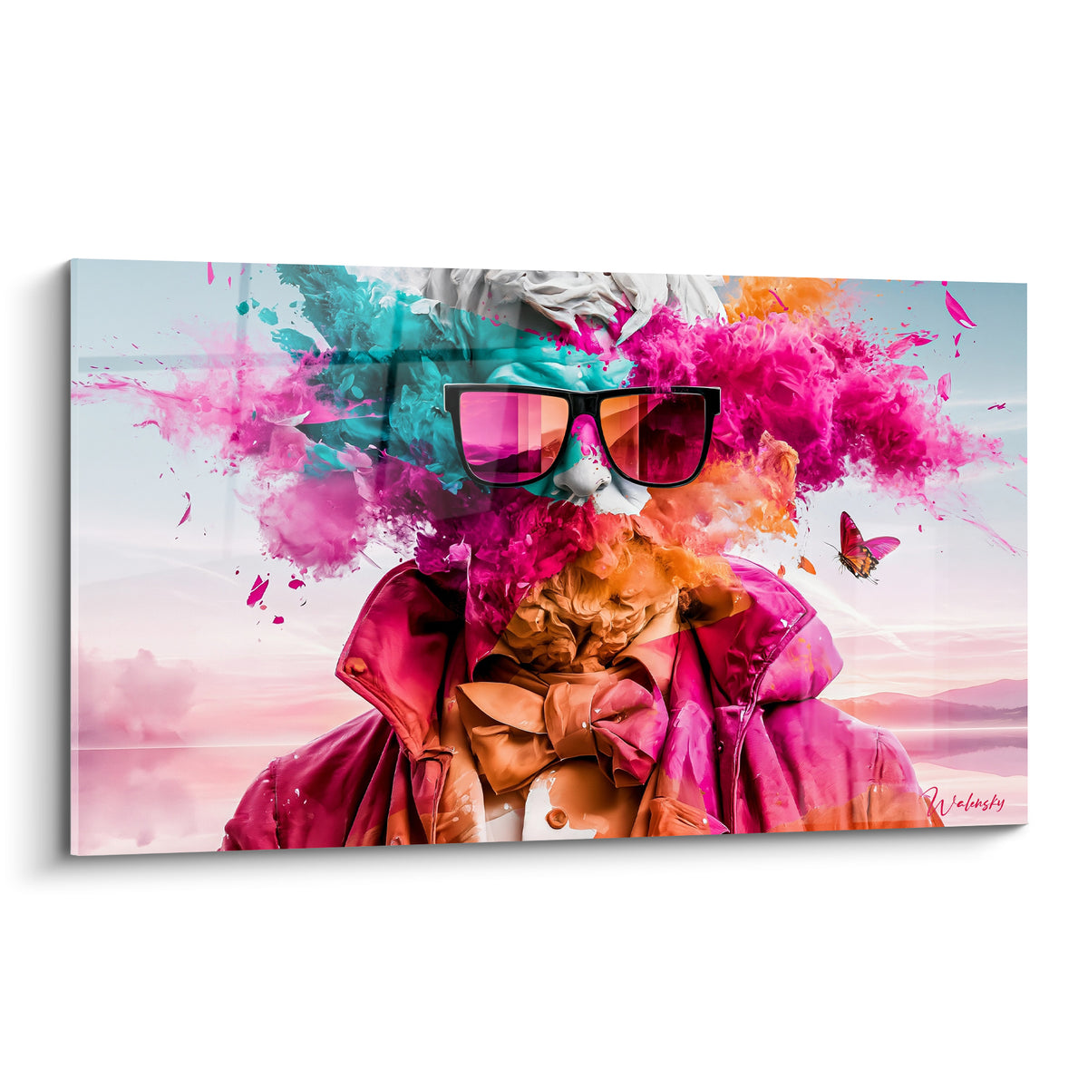 Silhouette en manteau fuchsia et nœud orangé, tête explosant en fumée turquoise et rose vif