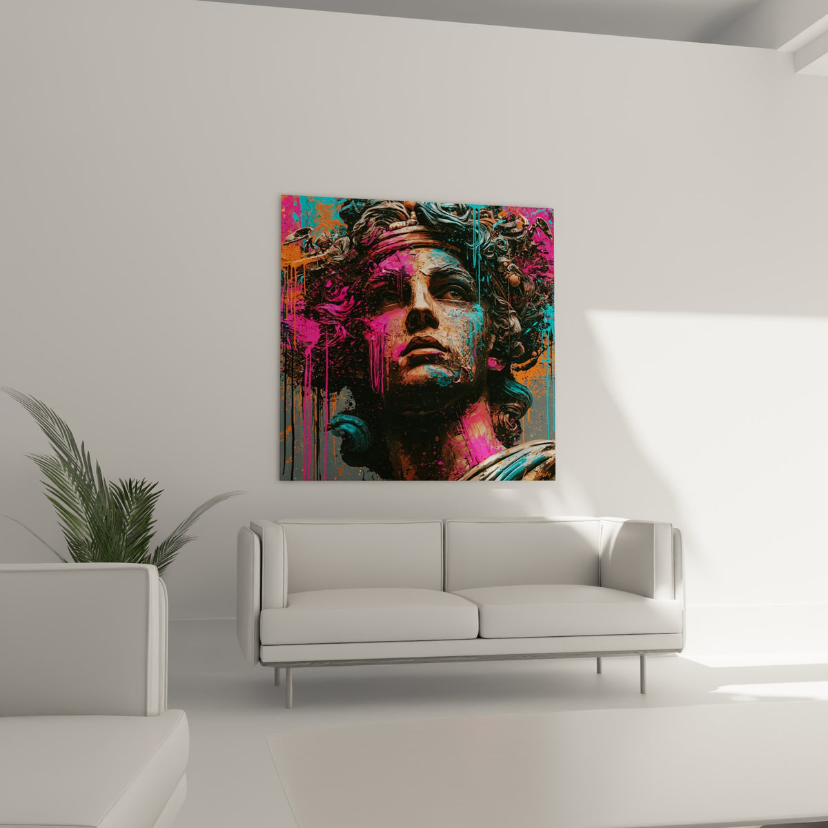 Visage antique aux coulures fuchsia et orangées, Statue murale au-dessus d'un canapé dans un salon lumineux