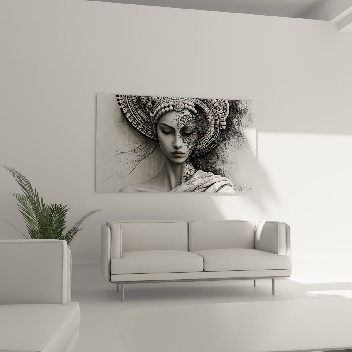Statue à la coiffe perlée, tons blancs et anthracite, au-dessus d'un canapé dans un salon lumineux