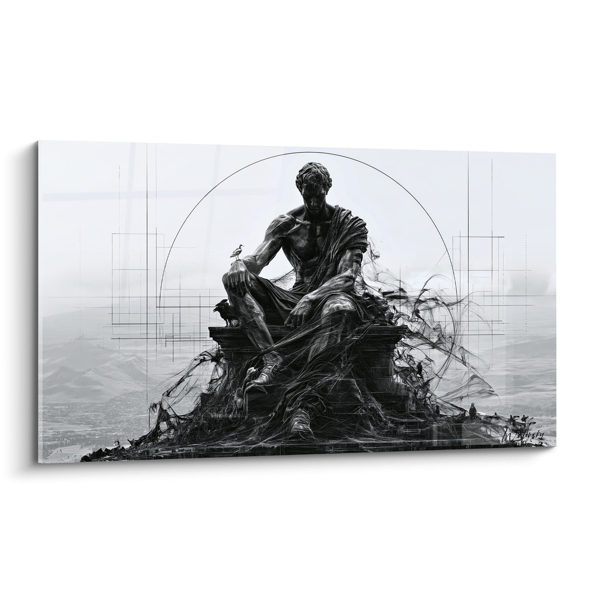 Statue assise drapée en noir et blanc, oiseau posé sur le genou, cercle graphique en fond